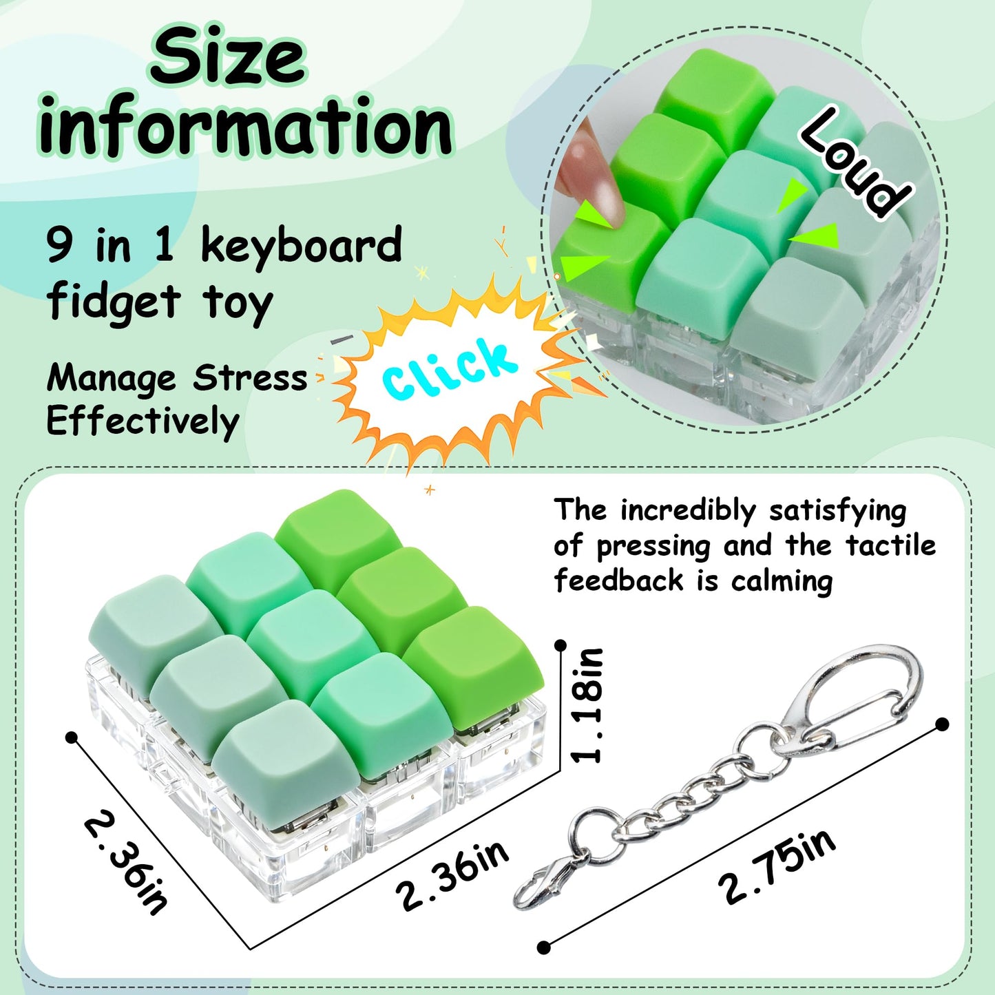 XiawaLangzhuo Keyboard Fidget Toy 9-in-1 Decompression Button Green – Portable Stress Relief Keychain