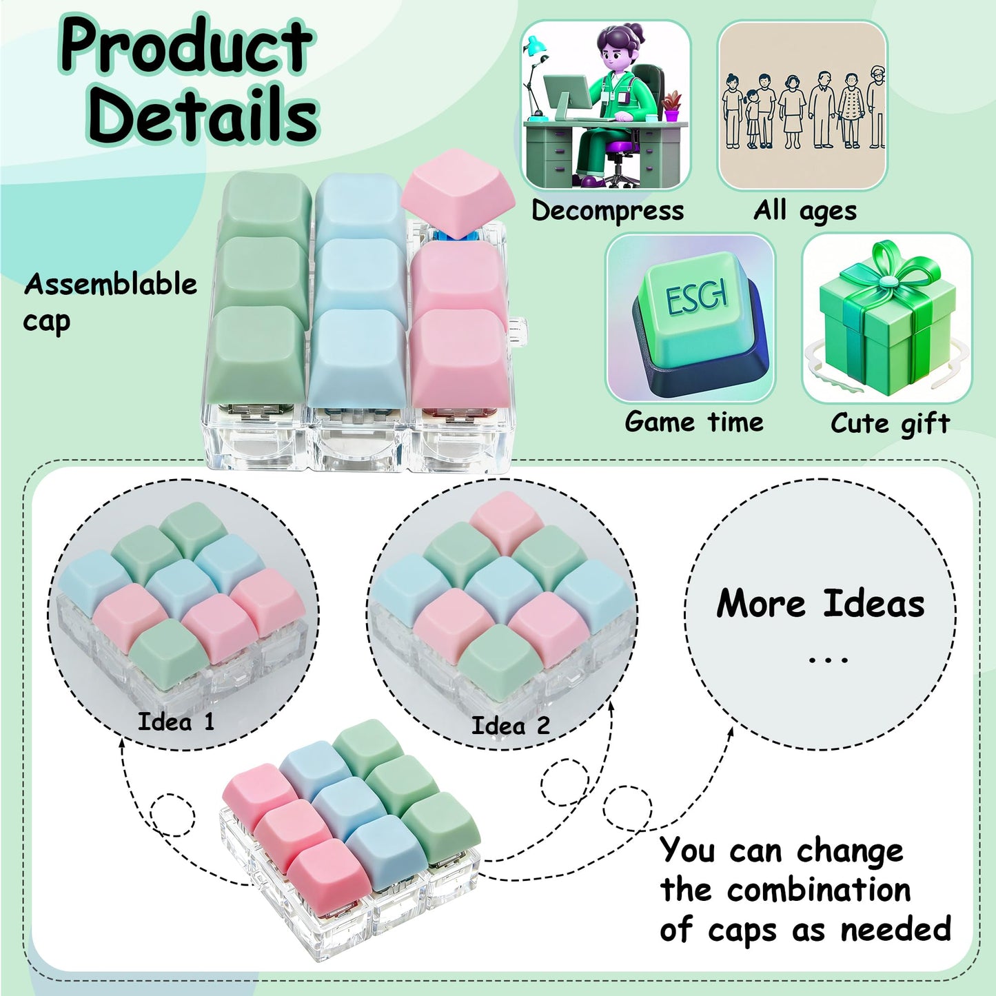 XiawaLangzhuo Keyboard Fidget Toy 9-in-1, 3 Colors, Keychain Decompression Button for Stress Relief and Focus