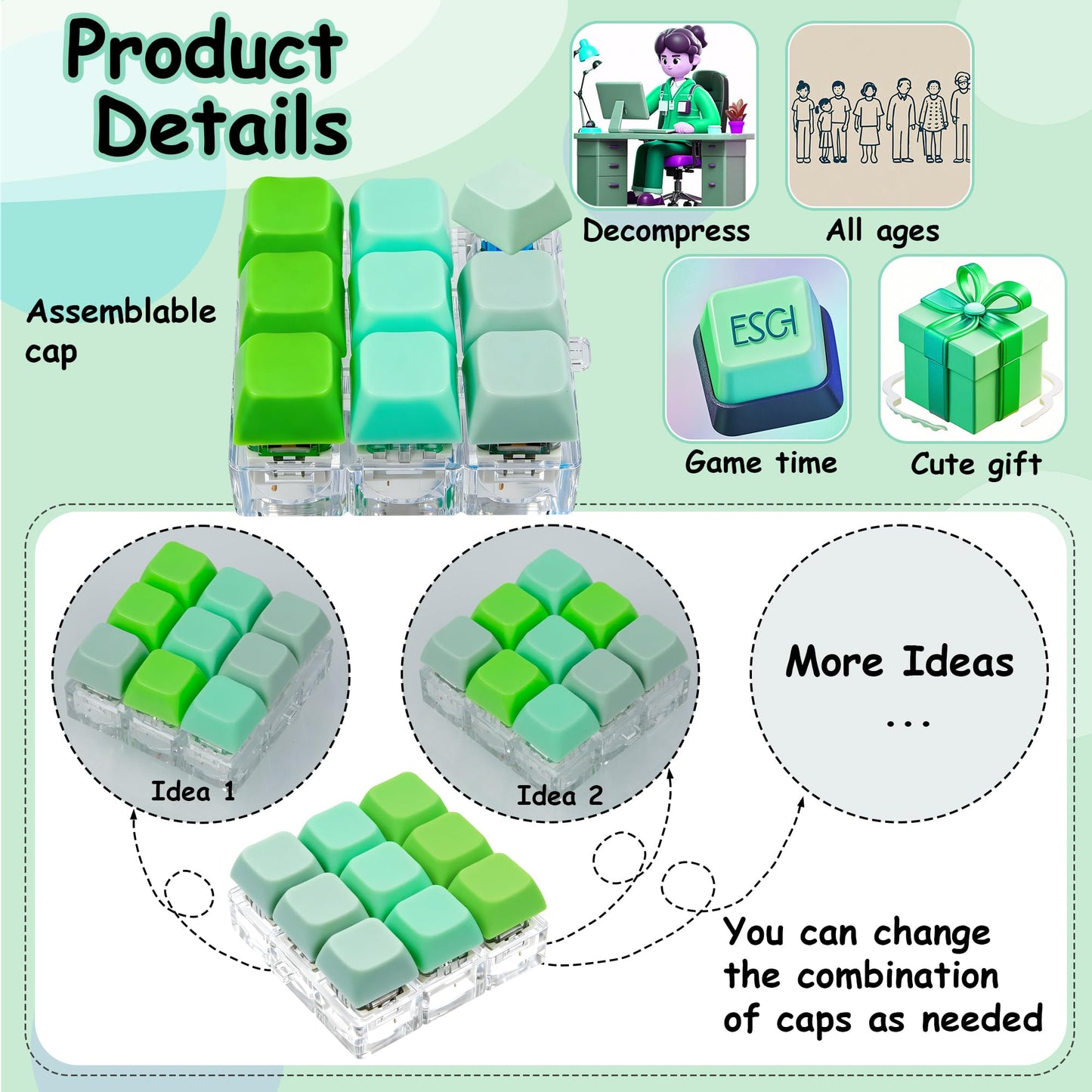 XiawaLangzhuo Keyboard Fidget Toy 9-in-1 Decompression Button Green – Portable Stress Relief Keychain