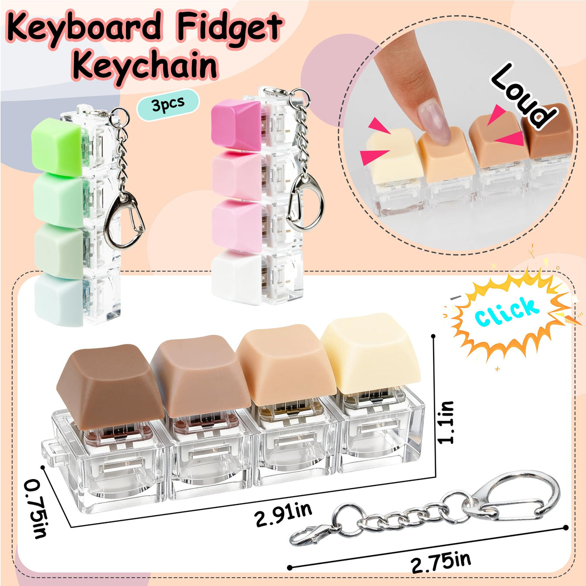 XiawaLangzhuo 3-Pack Keyboard Fidget Toy – 4-in-1 Button Decompression Keychains (Brown, Pink, Green)