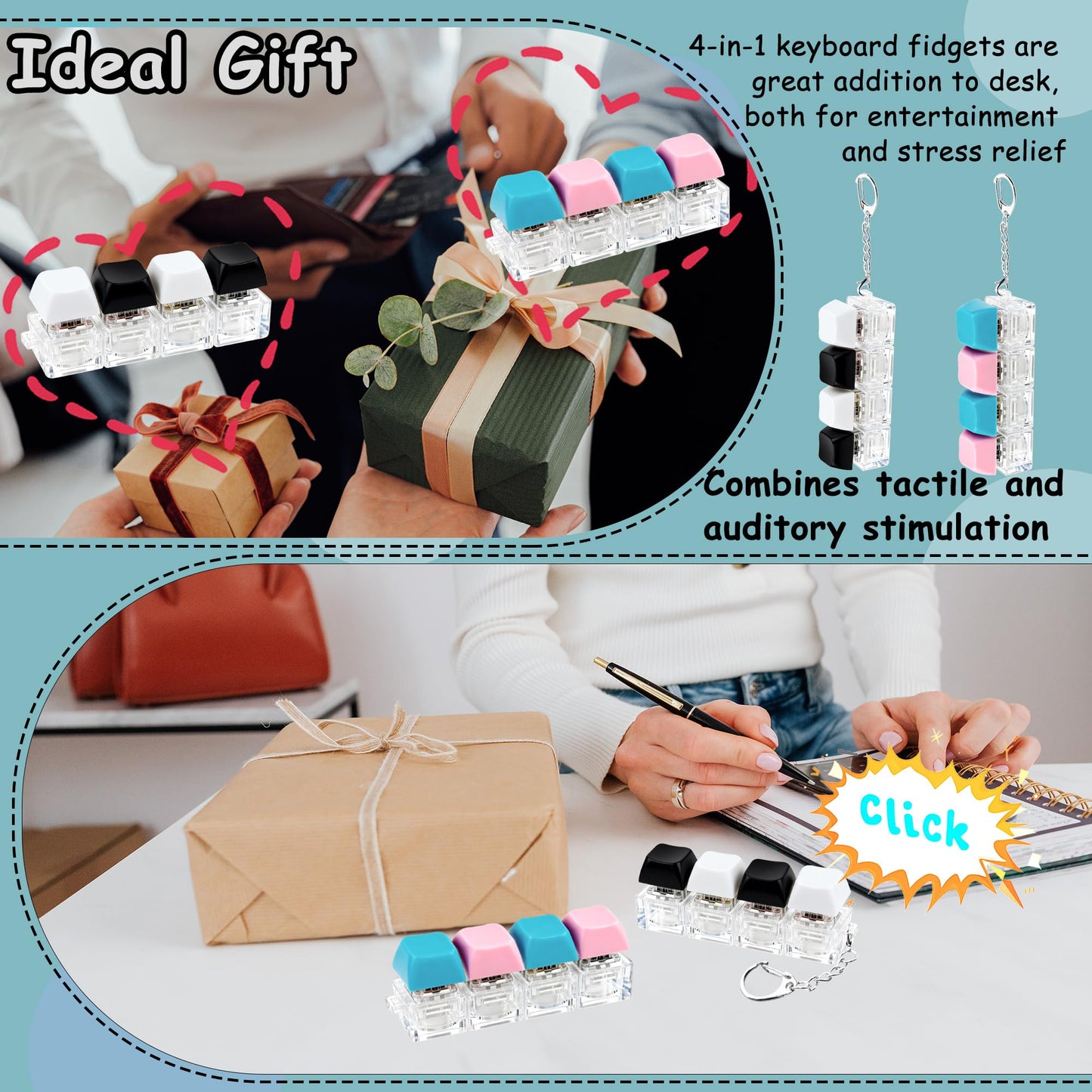 XiawaLangzhuo 2-Pack Keyboard Fidget Toy – 4-in-1 Keychain Clickers for Focus and Stress Relief