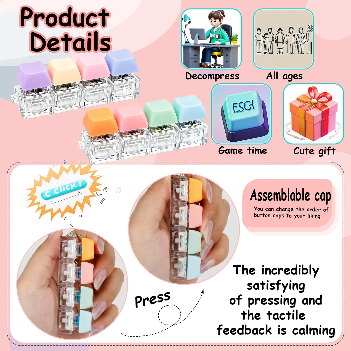 XiawaLangzhuo 2-Pack Keyboard Fidget Toy – 4-in-1 Keyboard Decompression Button Keychain