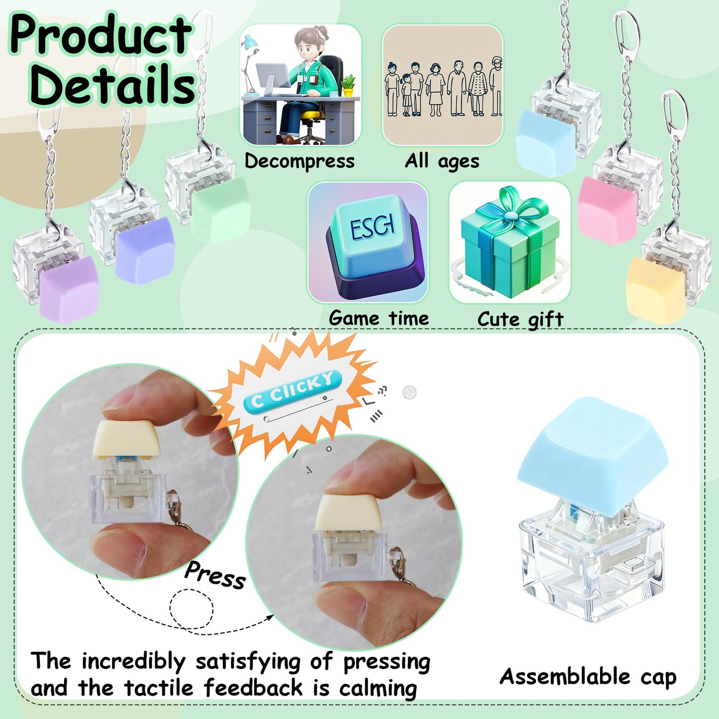 XiawaLangzhuo 6-Pack Keyboard Fidget Keychain — Mix Macaron Colors for Stress Relief & Focus