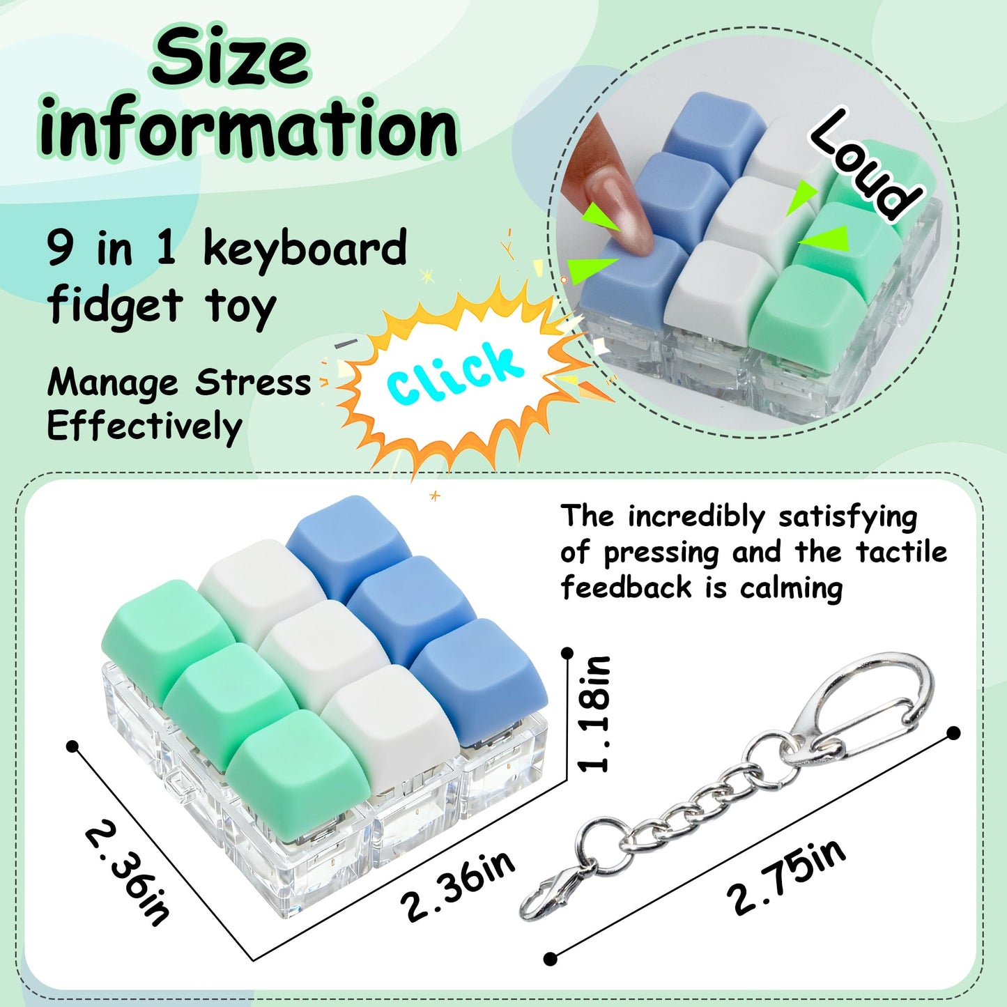 XiawaLangzhuo 9-in-1 Keyboard Fidget Toy – Decompression Button Keychain (Blue, White, Green)