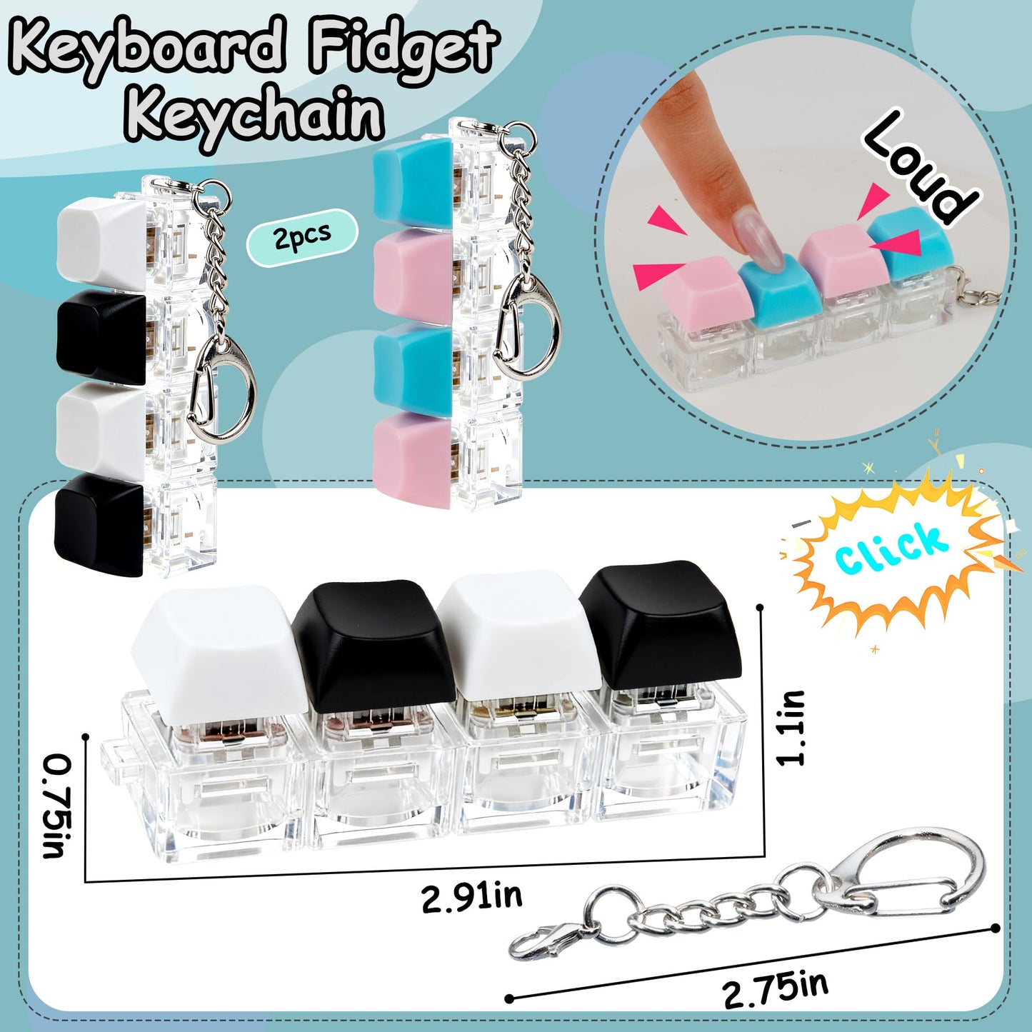 XiawaLangzhuo 2-Pack Keyboard Fidget Toy – 4-in-1 Keychain Clickers for Focus and Stress Relief