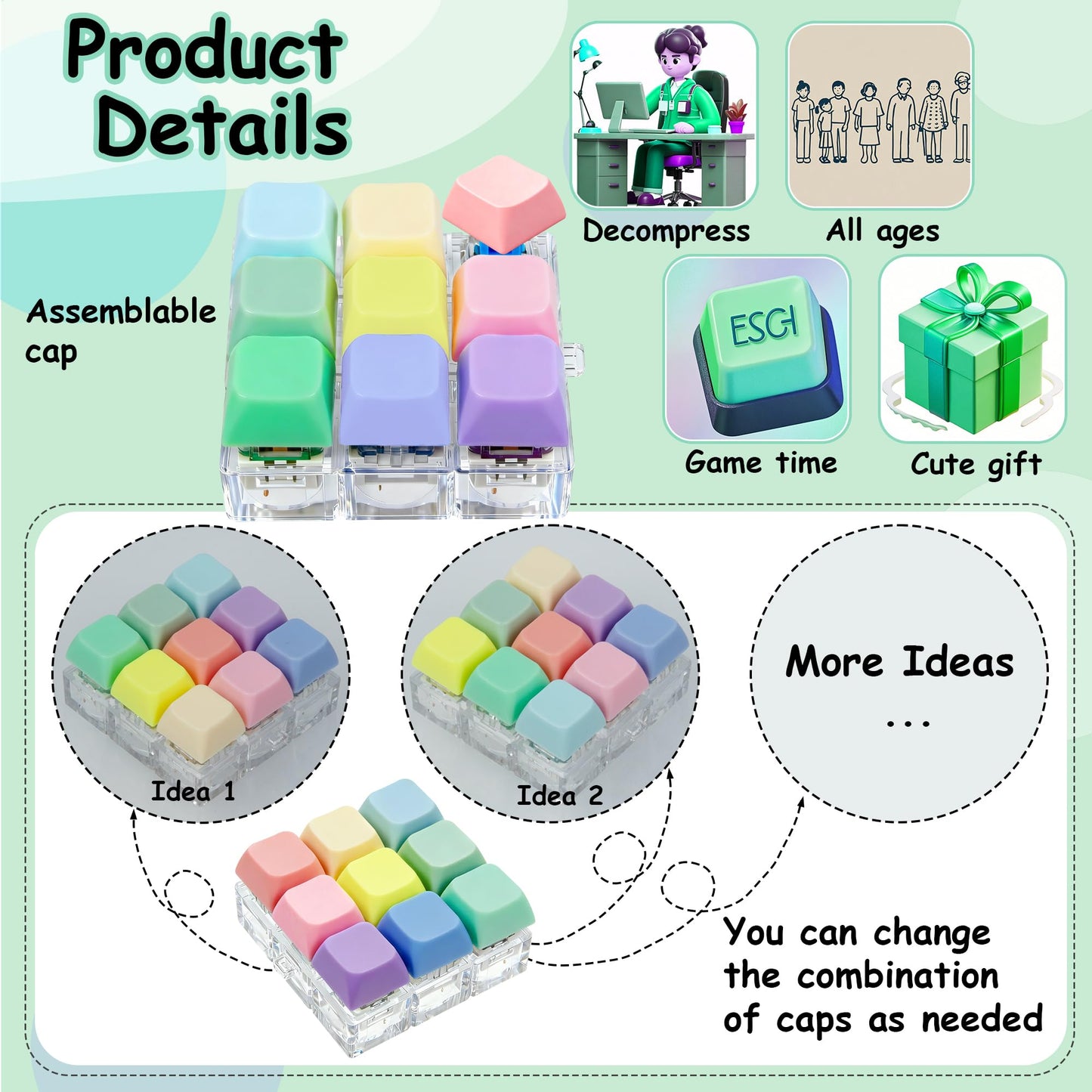 XiawaLangzhuo 9-in-1 Keyboard Fidget Toy — Colorful Stress Relief Keychain
