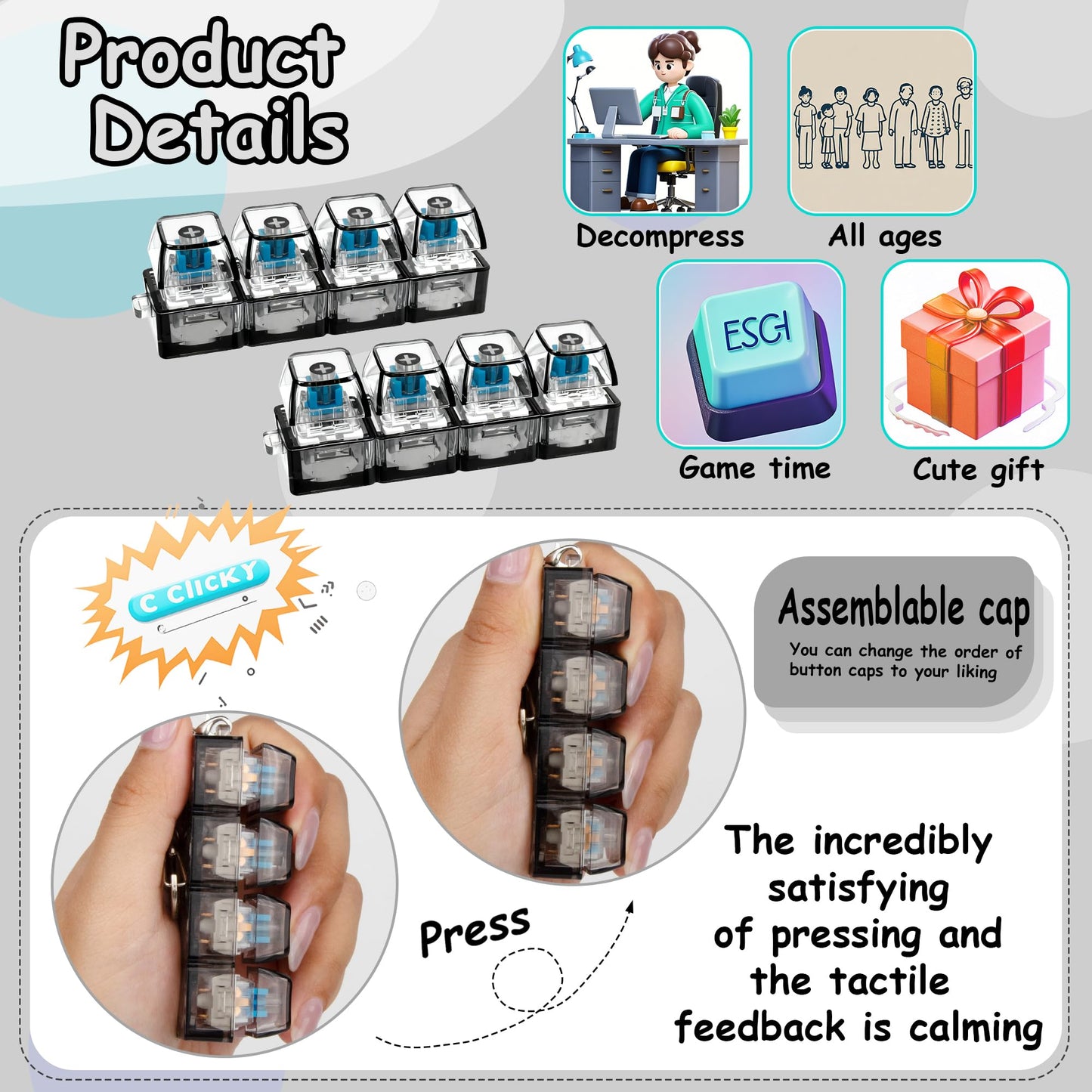 XiawaLangzhuo 2-Pack Keyboard Fidget Toy – 4-in-1 Clicker Keychain (Transparent Black)