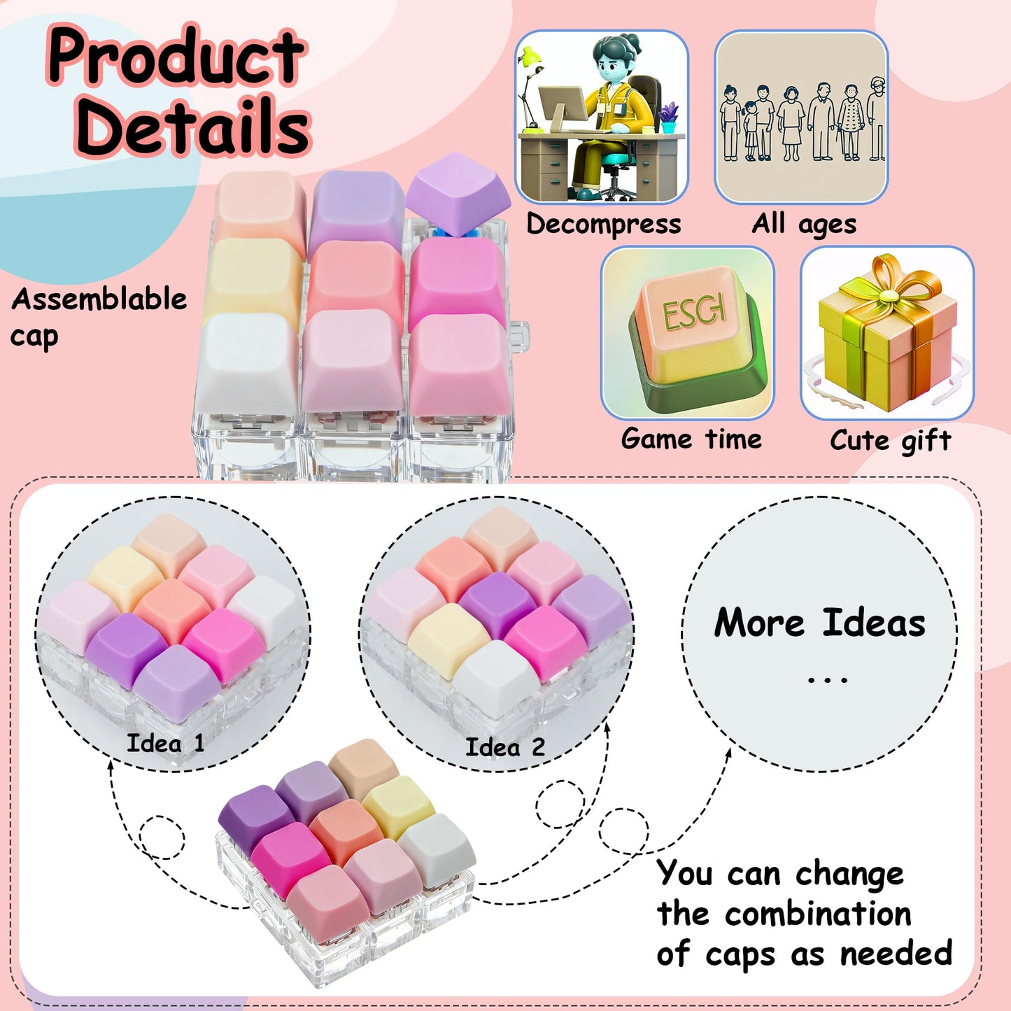 XiawaLangzhuo 9-in-1 Keyboard Fidget Toy & Keychain – 9 Colors (Pink Purple)