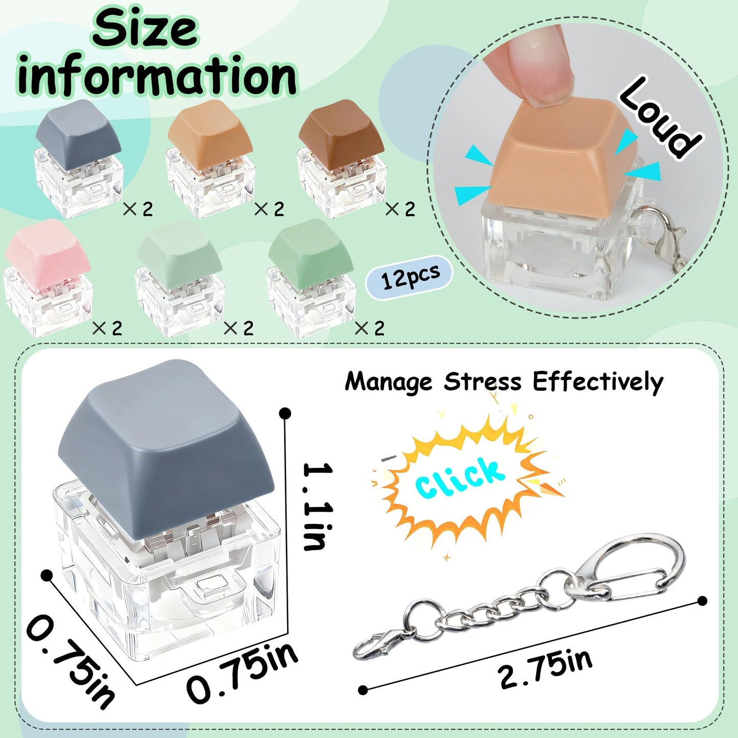 XiawaLangzhuo Morandi Keyboard Fidget Toy – 12-Piece Keyboard Fidget Keychain for Stress Relief & Focus