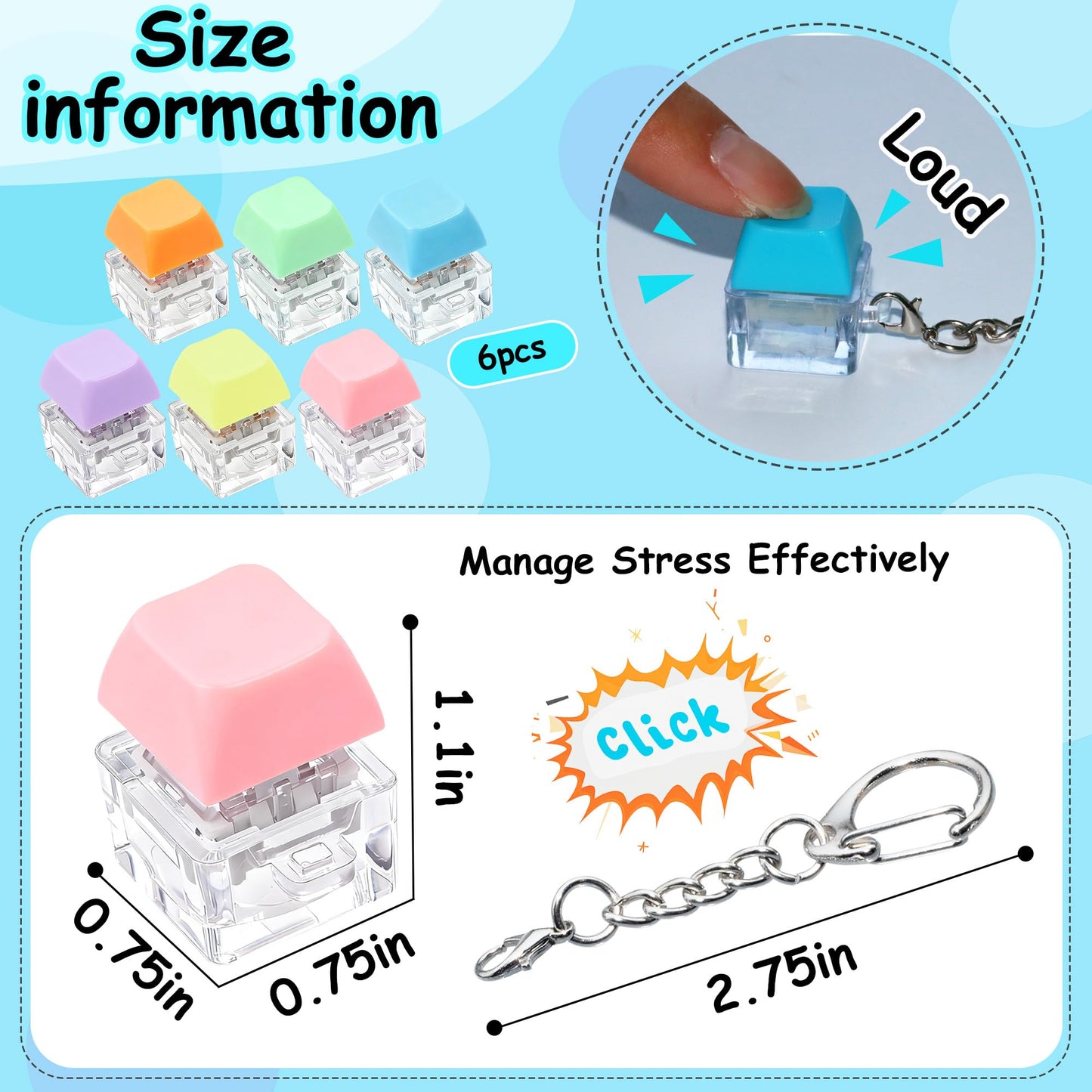 XiawaLangzhuo 6 Pack Keyboard Fidget Toy – Multicolor Button Stress Relief Keychains