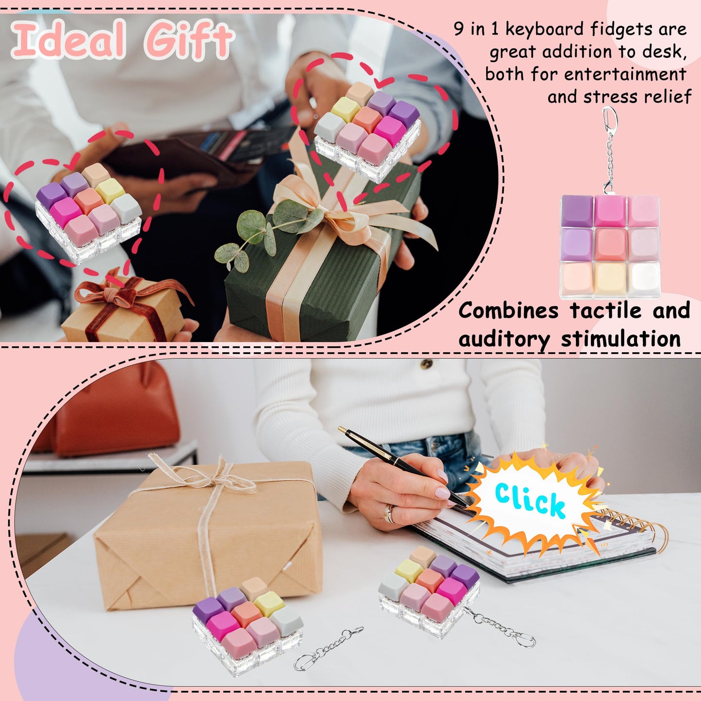 XiawaLangzhuo 9-in-1 Keyboard Fidget Toy & Keychain – 9 Colors (Pink Purple)