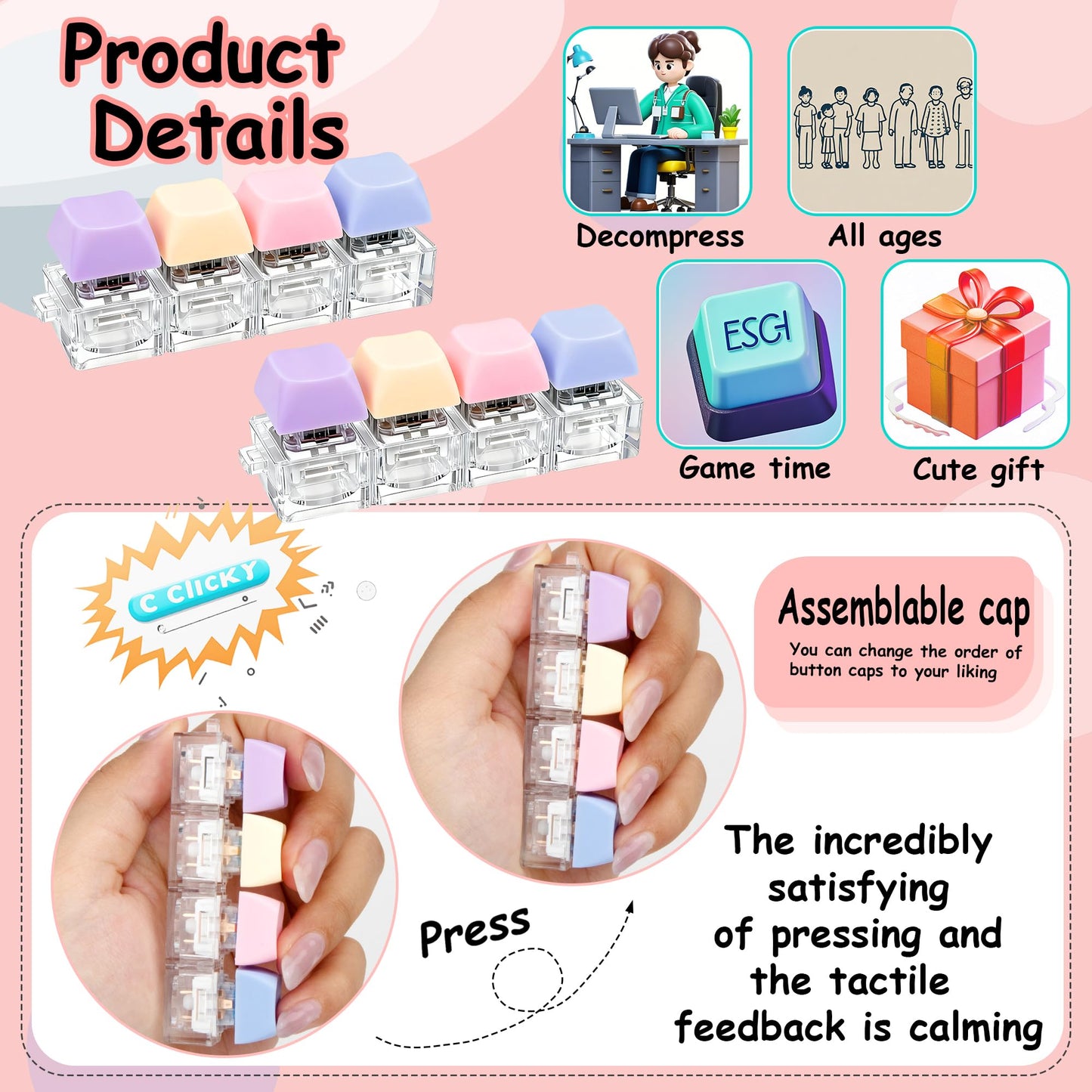 XiawaLangzhuo 2-Piece Keyboard Fidget Toy – 4-in-1 Button Decompression Keychain (4 Colors)