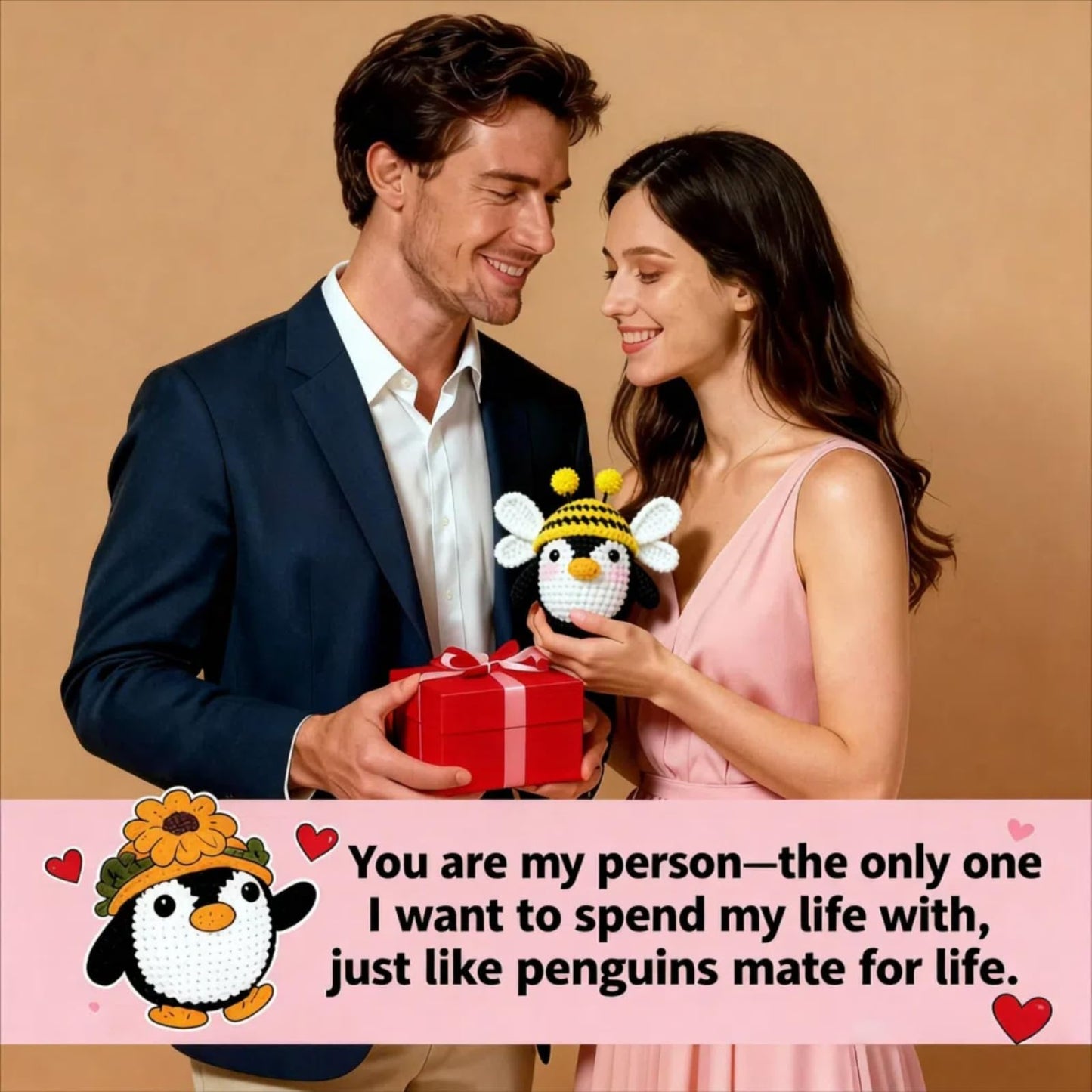 XIBIGEYE Handmade Crochet Penguin - Valentine’s Day Gift for Him & Her with To My Love Card