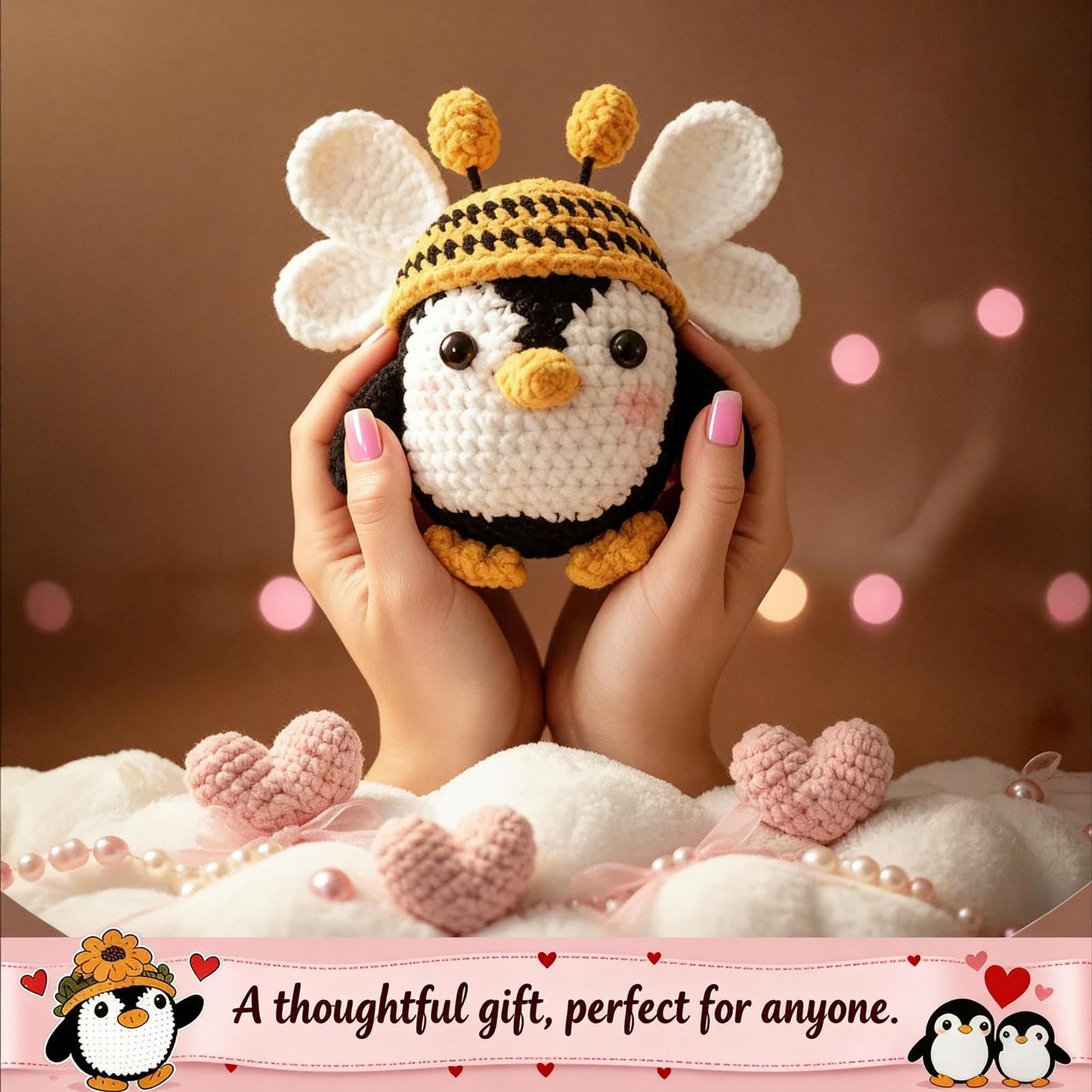 XIBIGEYE Handmade Crochet Penguin - Valentine’s Day Gift for Him & Her with To My Love Card