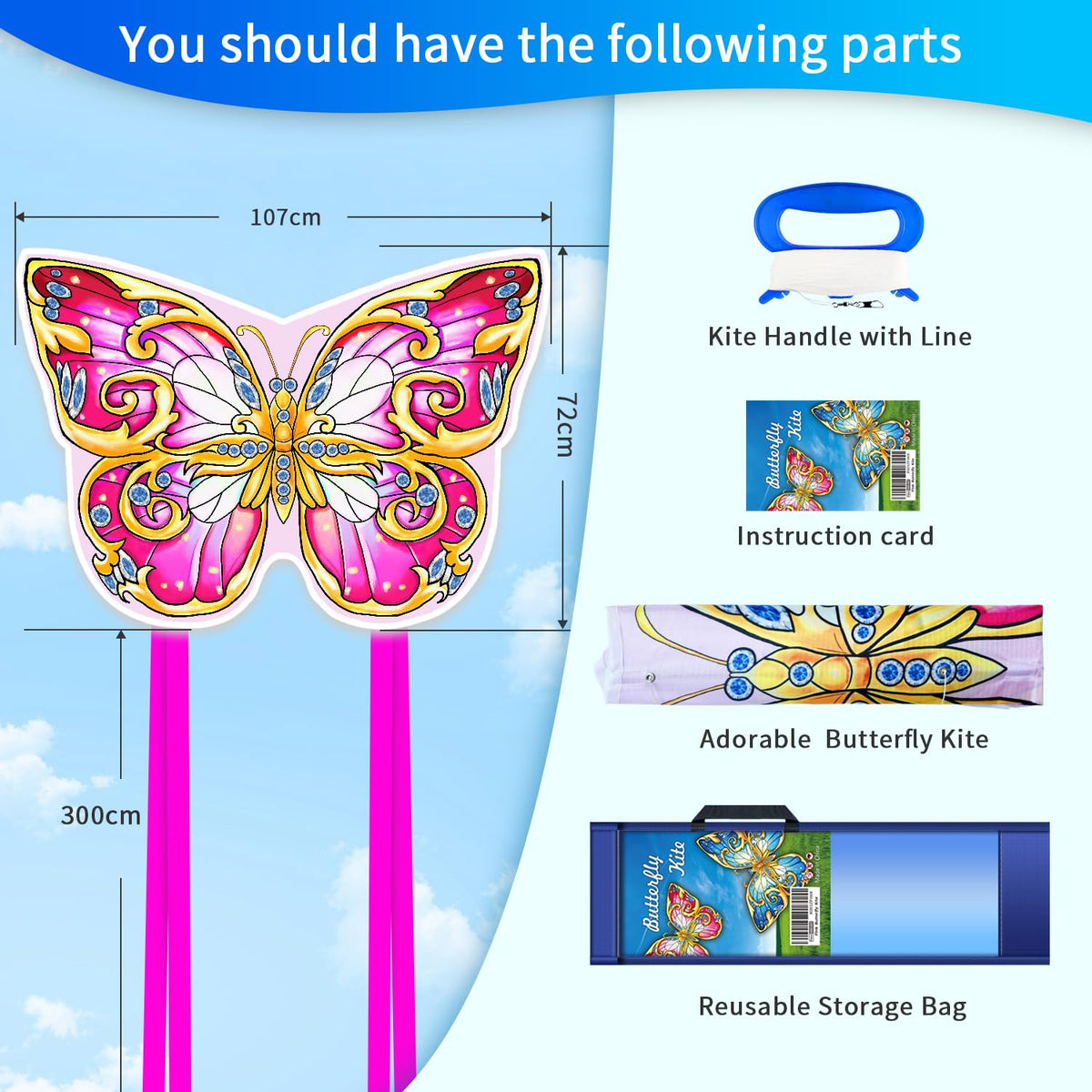 Xida Butterfly Kite — Easy-Fly Single-Line Kite for Kids & Adults with 200 ft String