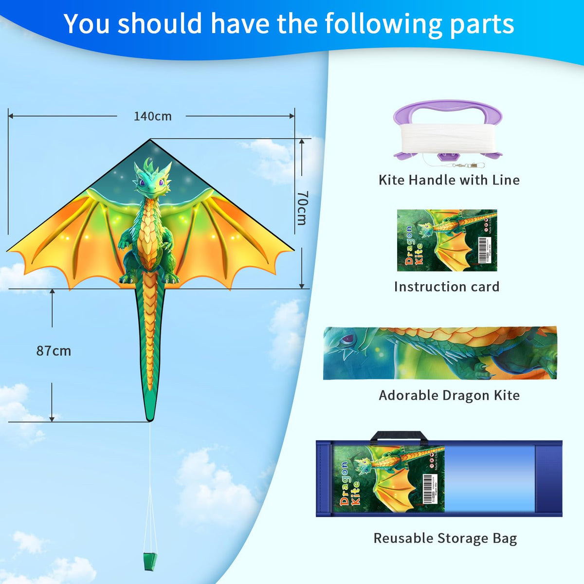 Xida Dragon Kite for Kids 4-8 & Adults | Easy to Fly, Durable 210T