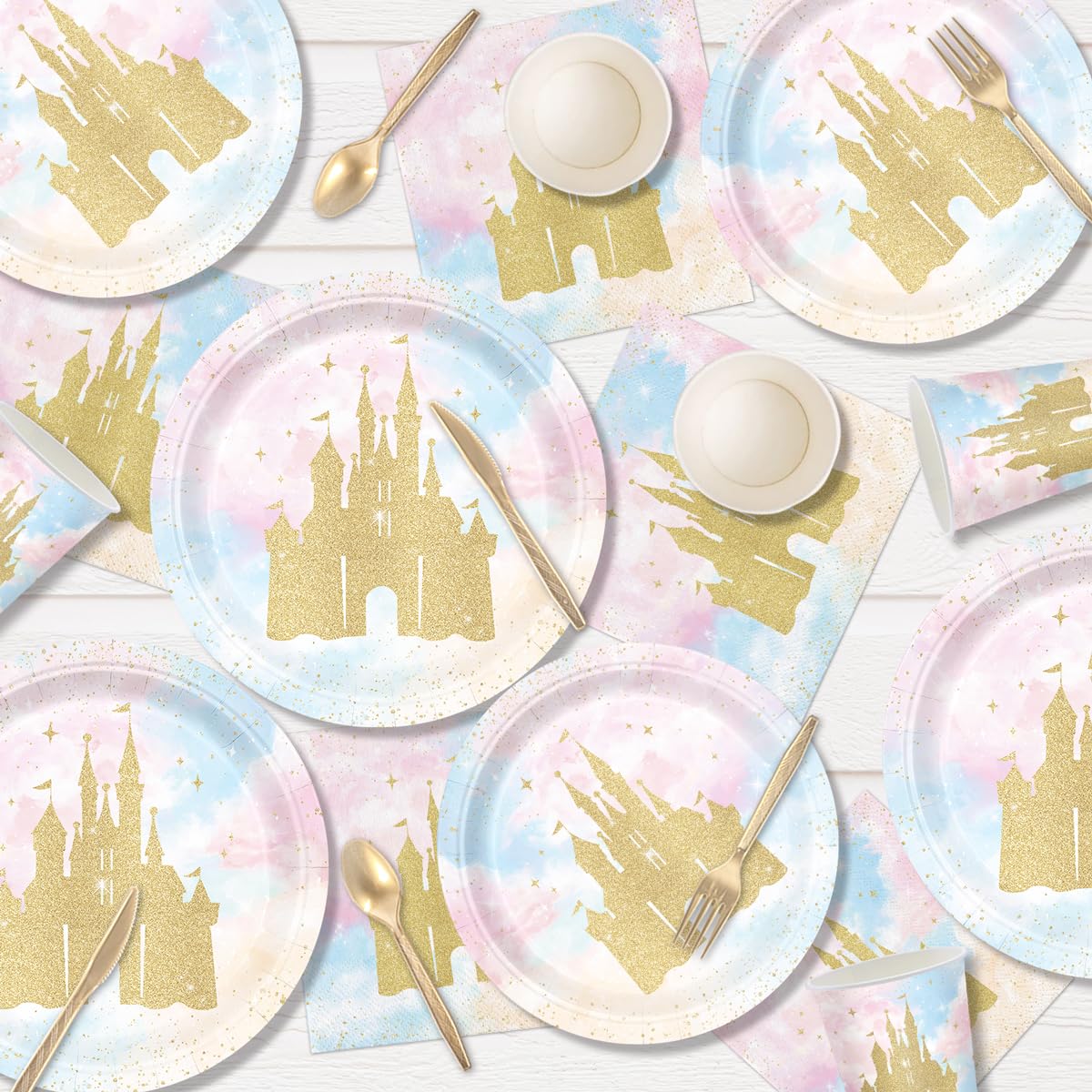 XIENBLOC 168pc Princess Castle Party Set — Disposable Tableware for 24 | Watercolor Pastel Rainbow