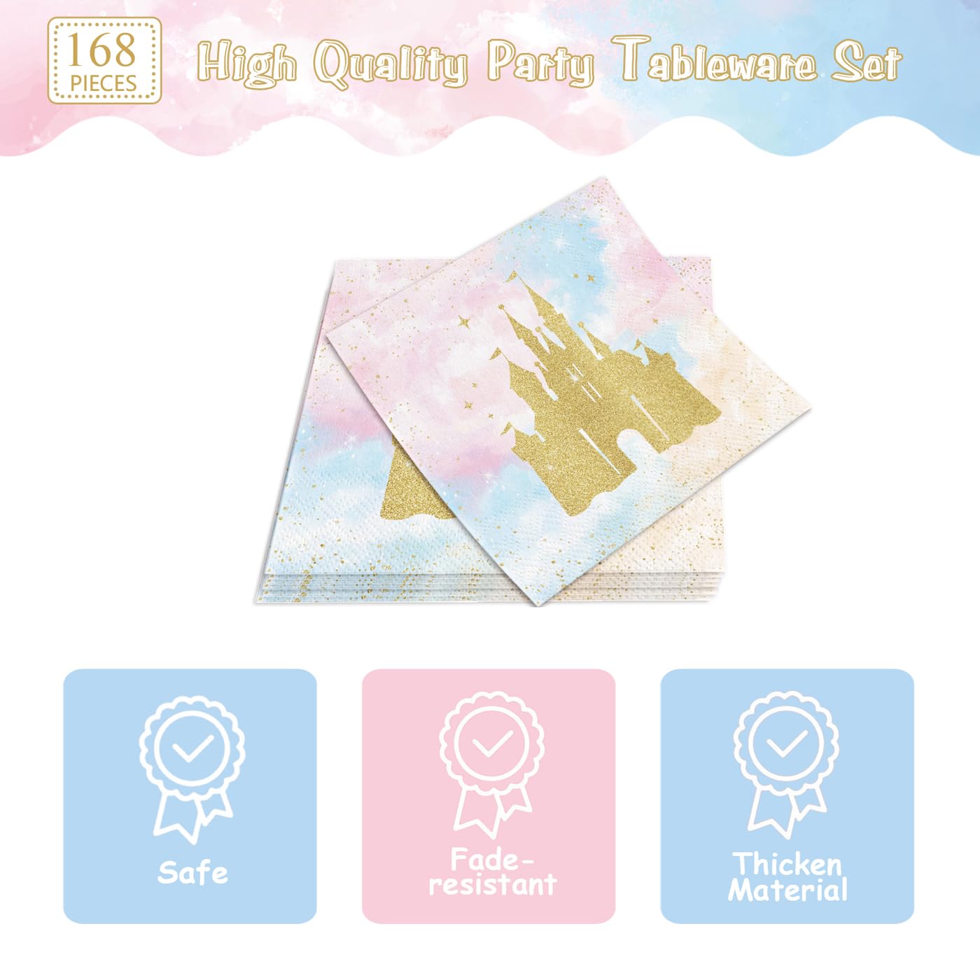 XIENBLOC 168pc Princess Castle Party Set — Disposable Tableware for 24 | Watercolor Pastel Rainbow