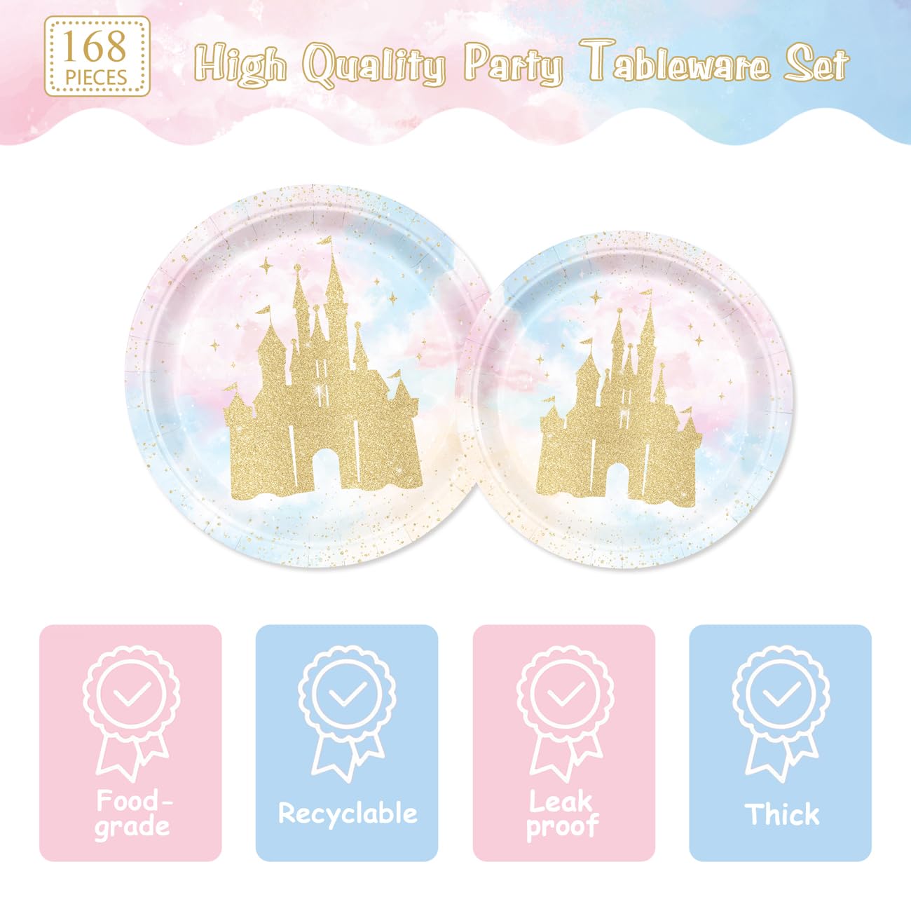 XIENBLOC 168pc Princess Castle Party Set — Disposable Tableware for 24 | Watercolor Pastel Rainbow