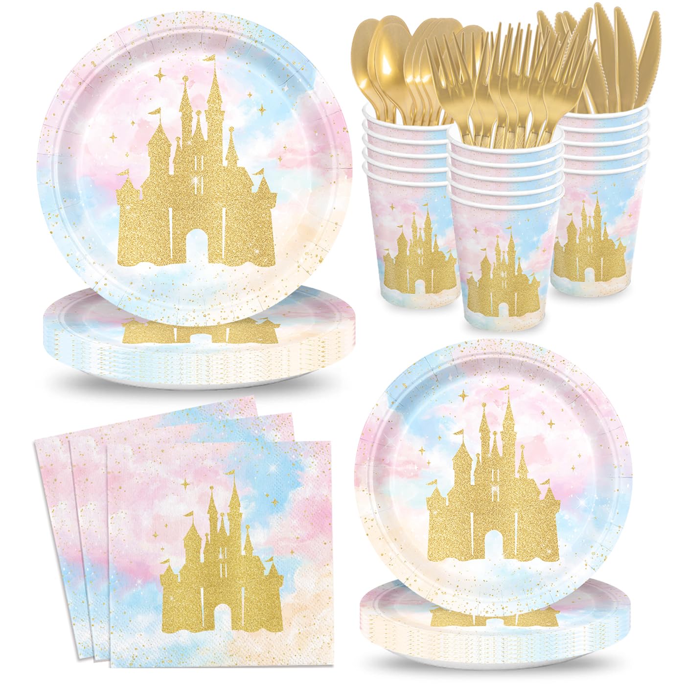 XIENBLOC 168pc Princess Castle Party Set — Disposable Tableware for 24 | Watercolor Pastel Rainbow