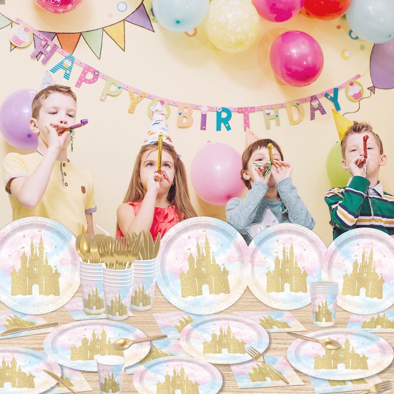 XIENBLOC 168pc Princess Castle Party Set — Disposable Tableware for 24 | Watercolor Pastel Rainbow