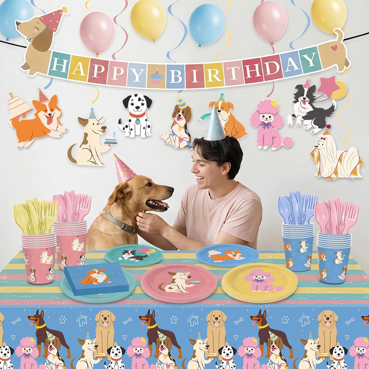 XIENBLOC 203-Piece Retro Puppy Party Decorations Set for Dog Birthday – Serves 24