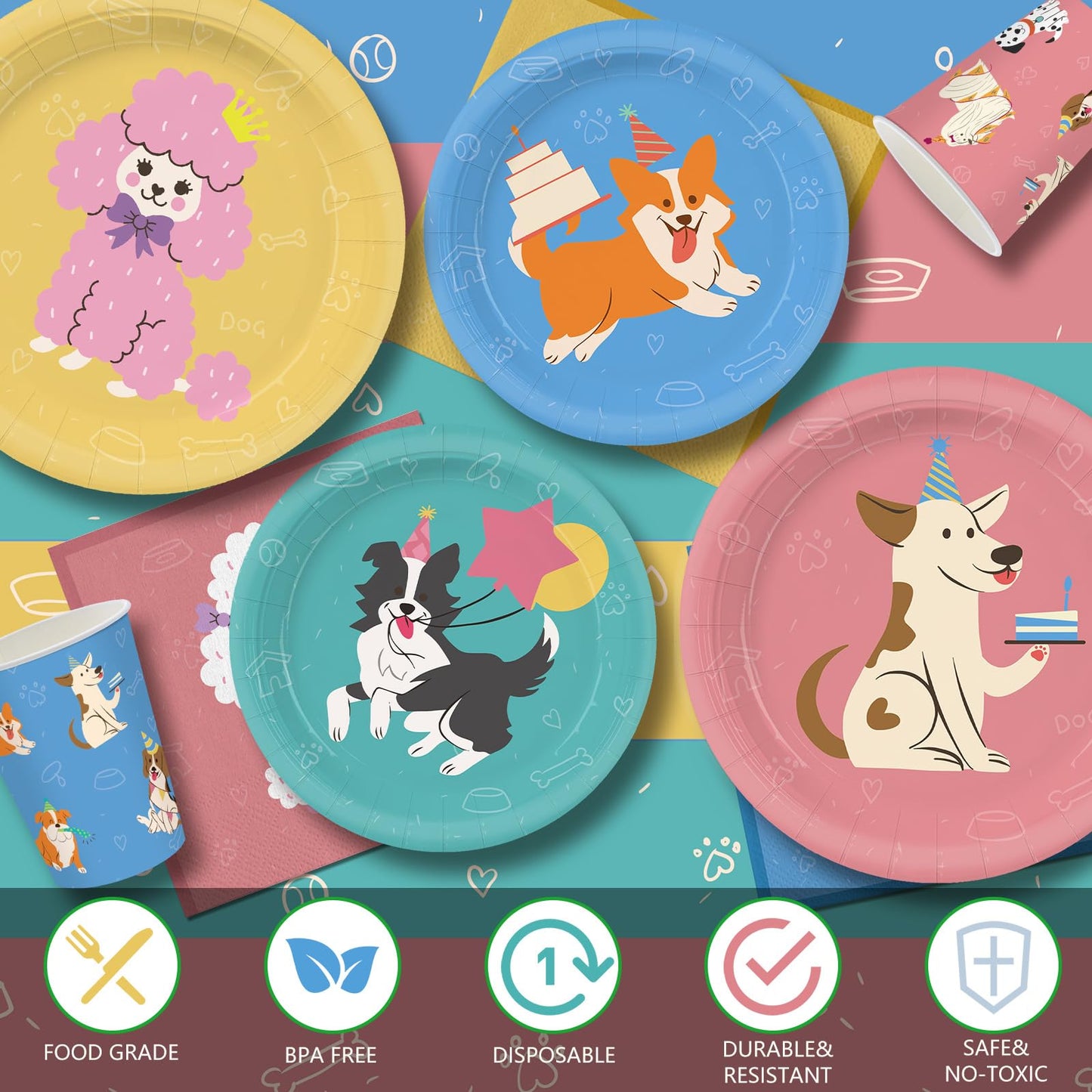 XIENBLOC 203-Piece Retro Puppy Party Decorations Set for Dog Birthday – Serves 24