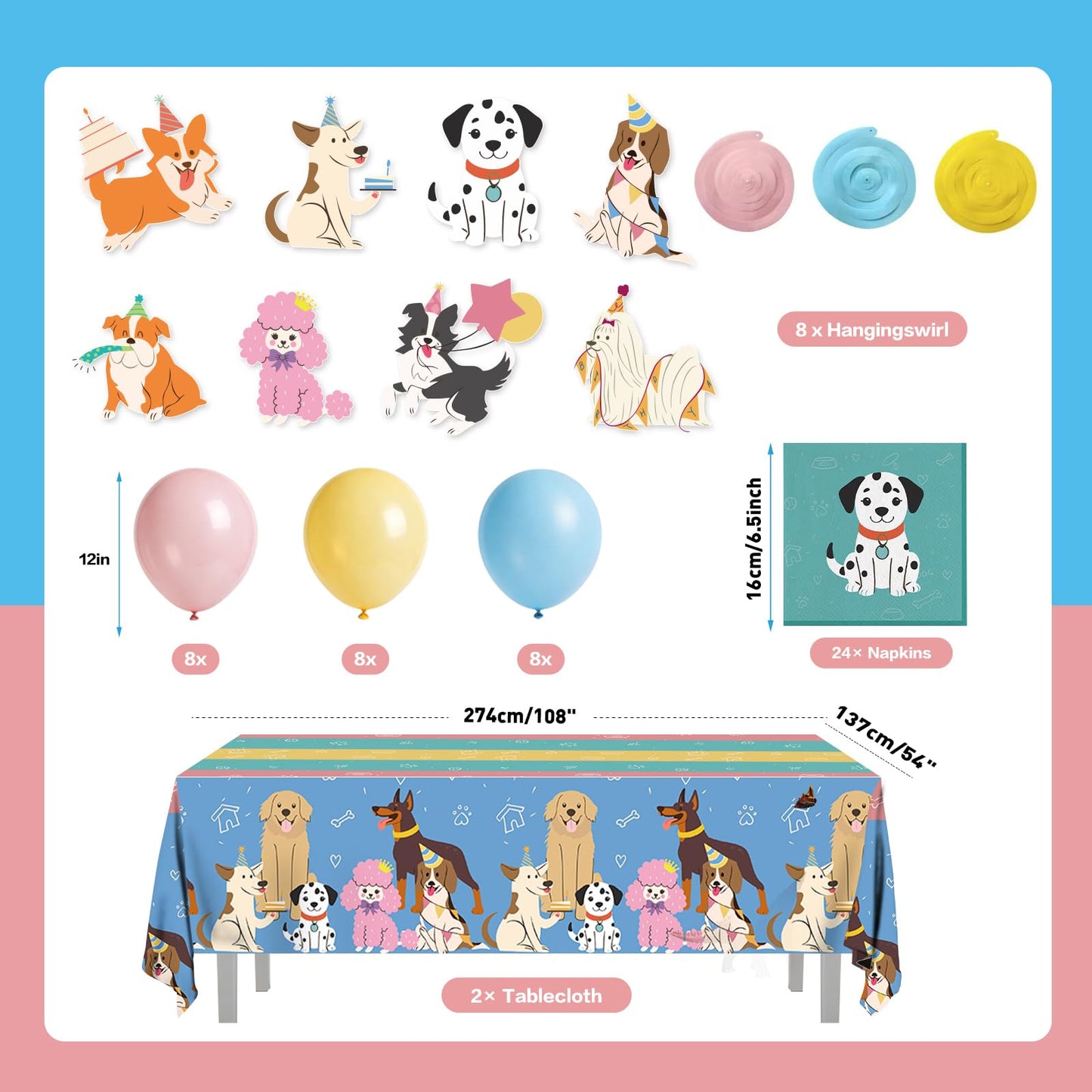 XIENBLOC 203-Piece Retro Puppy Party Decorations Set for Dog Birthday – Serves 24