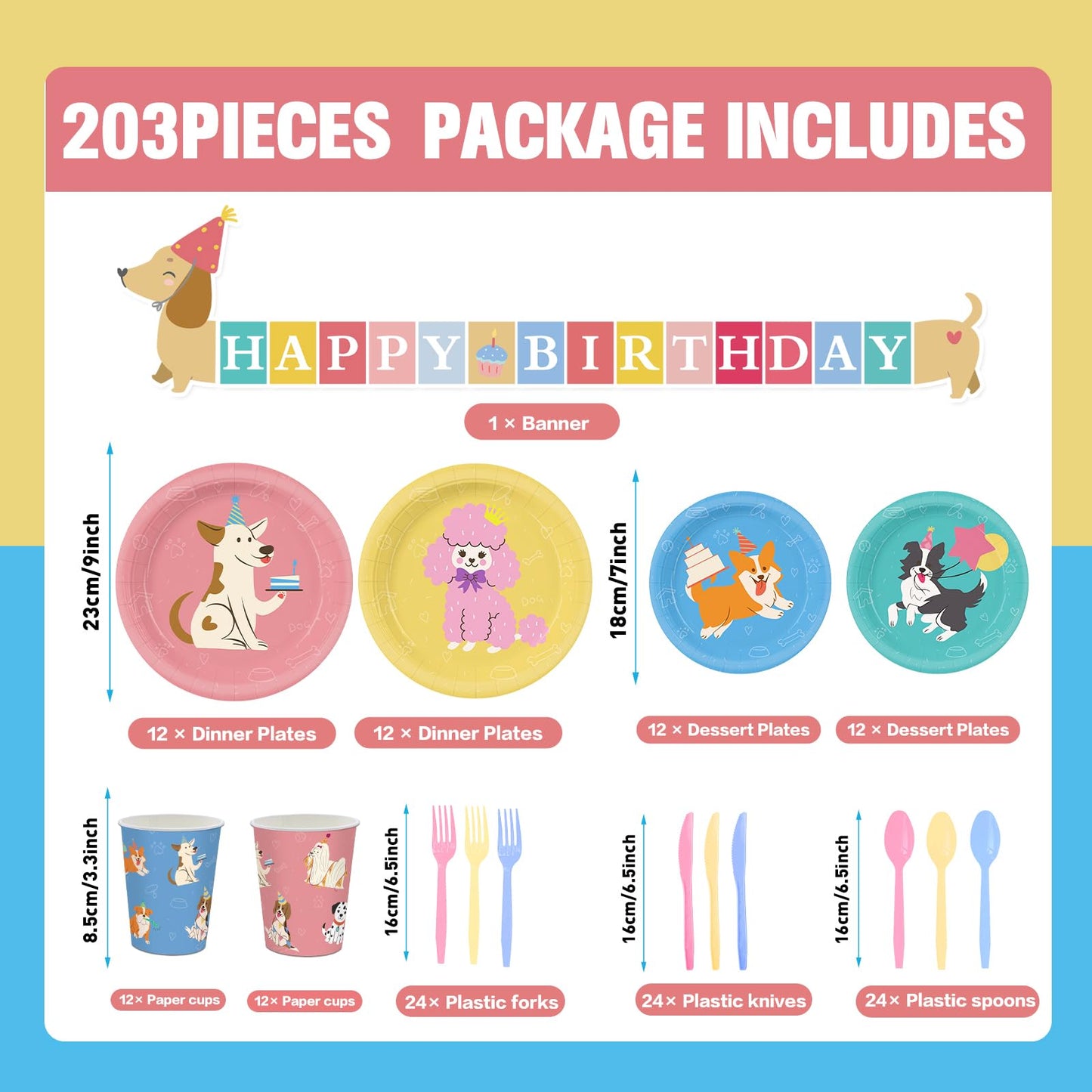 XIENBLOC 203-Piece Retro Puppy Party Decorations Set for Dog Birthday – Serves 24