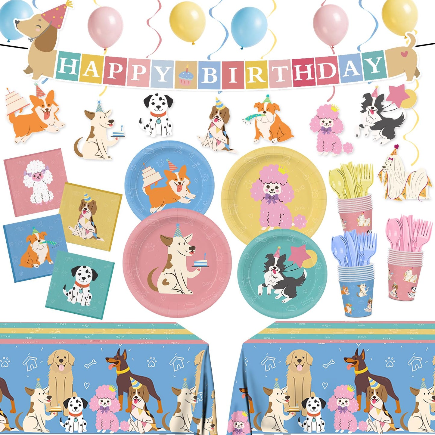 XIENBLOC 203-Piece Retro Puppy Party Decorations Set for Dog Birthday – Serves 24