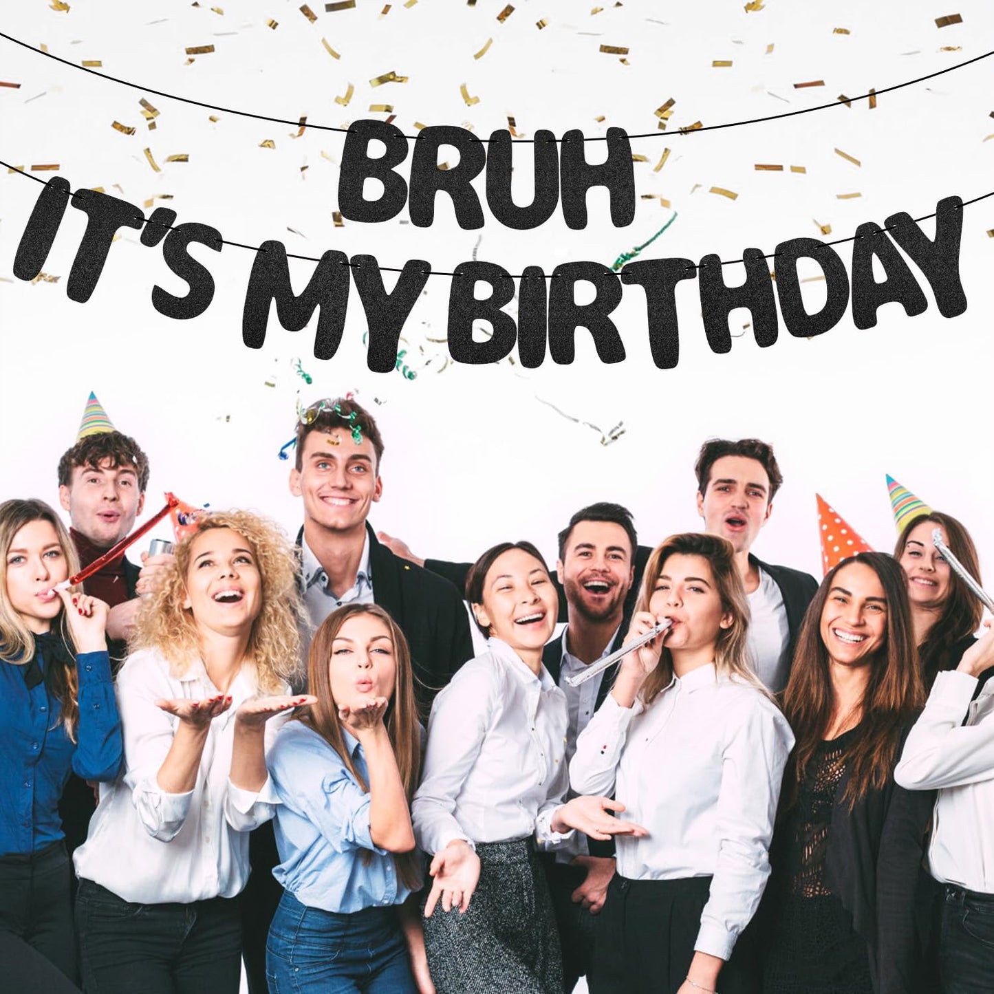 XIHIRCD Bruh It's My Birthday Banner - Black Glitter Prestrung Teen Birthday Decor
