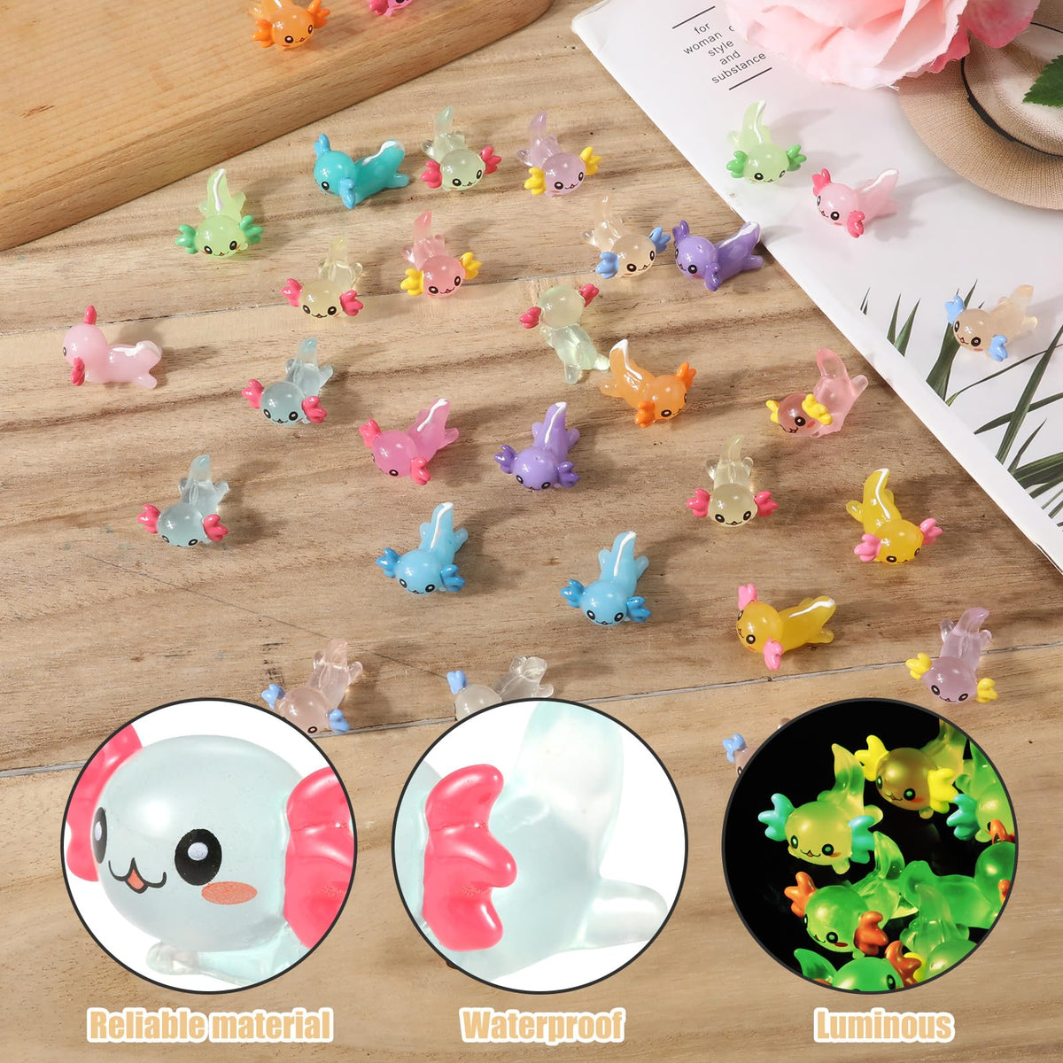 XIHIRCD 32pc Glow-in-the-Dark Resin Axolotl Miniatures for DIY Crafts, Garden, Dollhouse & Plant Décor