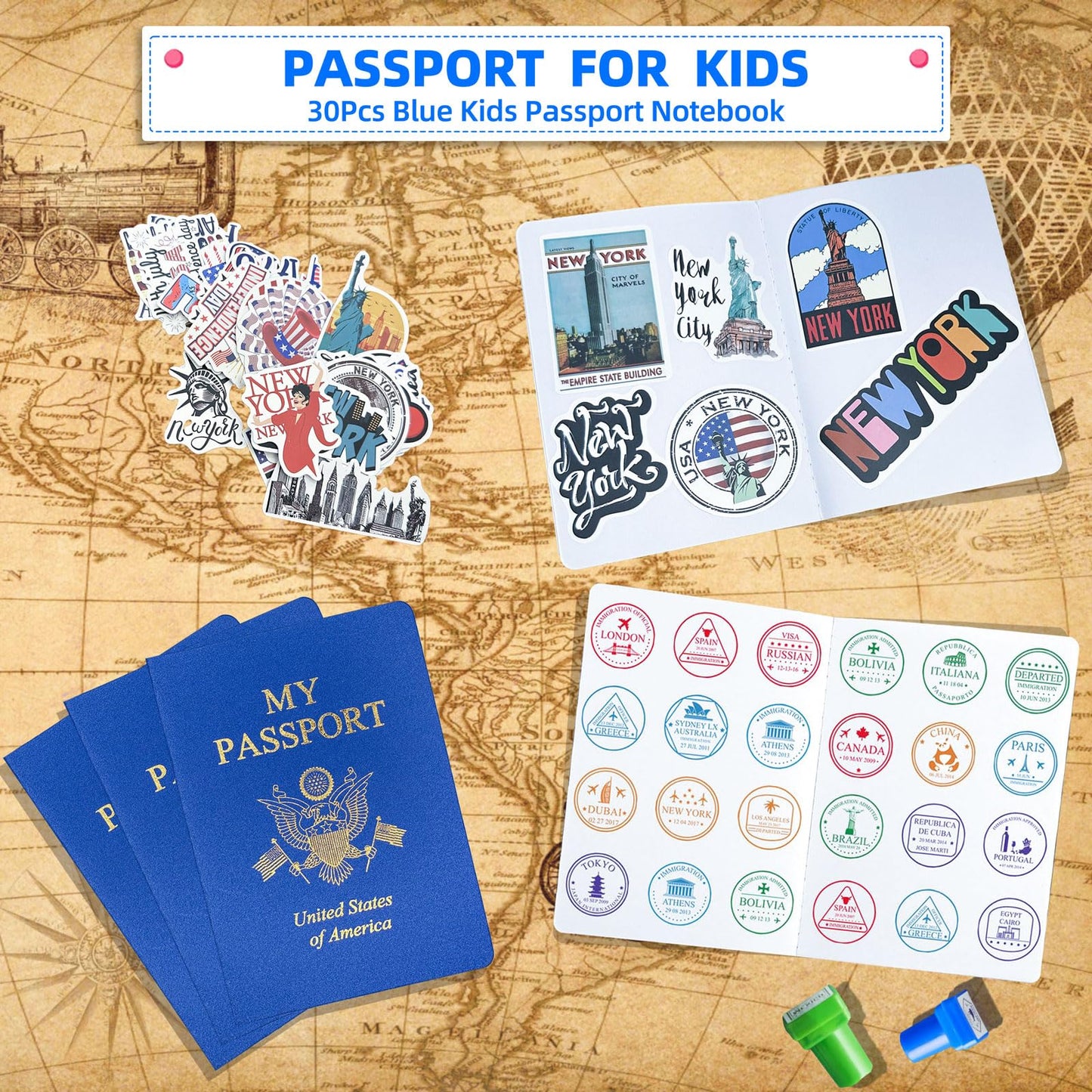 XIISVINT Blank Passport Notebook Blue – 100-Pack Travel Journal for Kids, 5.51 x 3.9 in