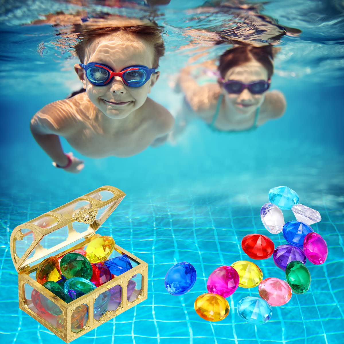 XIJUAN Diving Gem Pool Toys – 14-Color Diamond Treasure Chest (Golden)