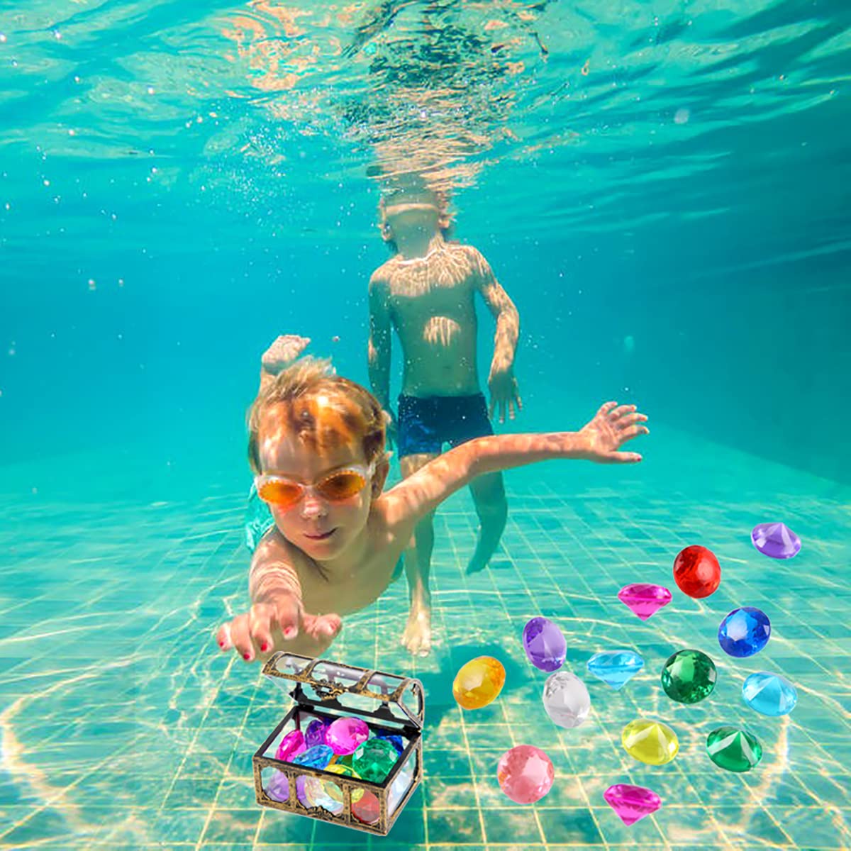 XIJUAN Diving Gem Pool Toys – 14-Color Treasure Chest Pirate Set for Kids