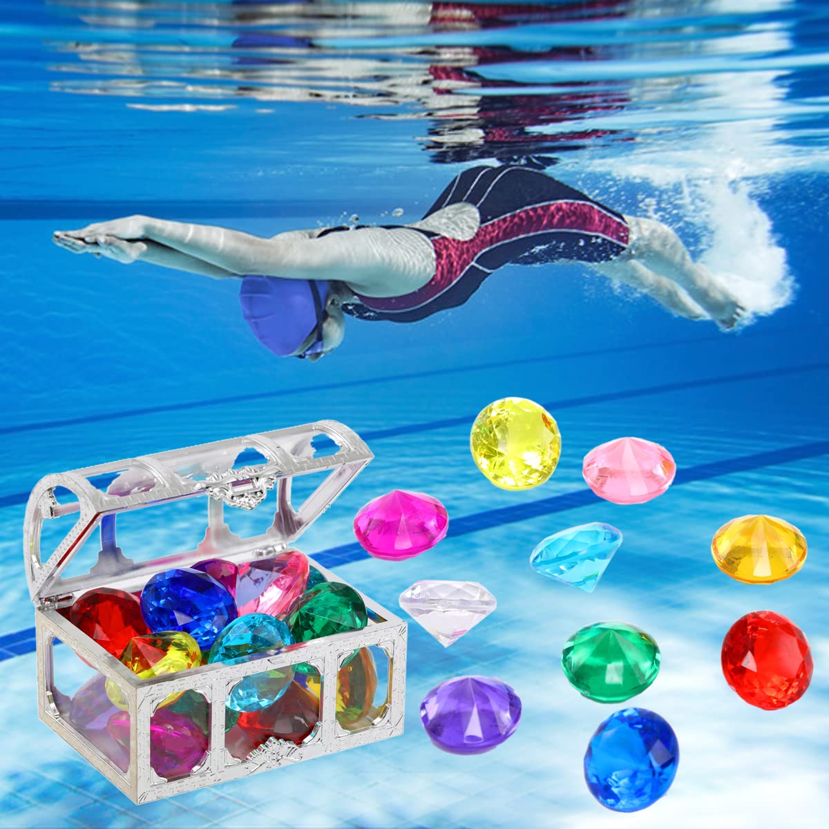 XIJUAN Diving Gem Pool Toys – 14-Color Diamond Treasure Chest Set for Kids