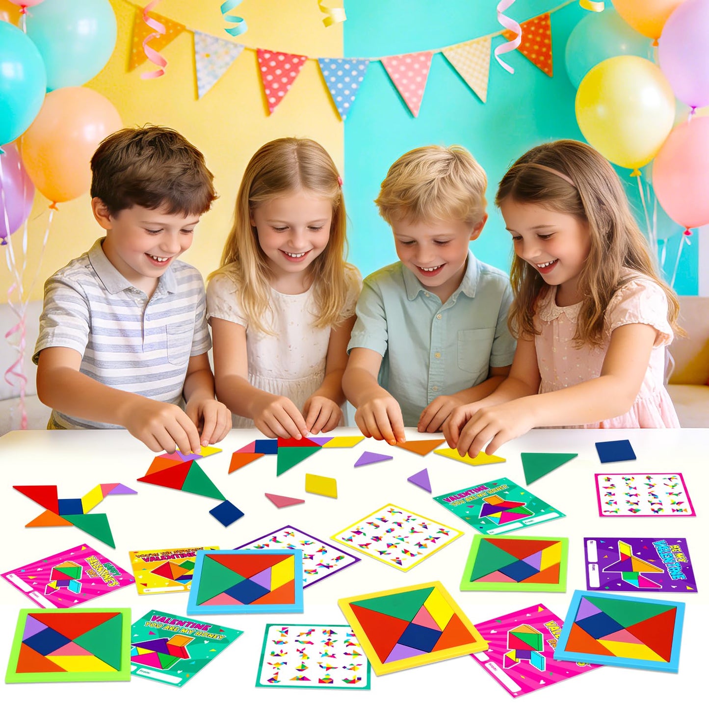 Ximoeo 30pcs Tangram Valentines Cards Set – Classroom Gifts & Party Favors