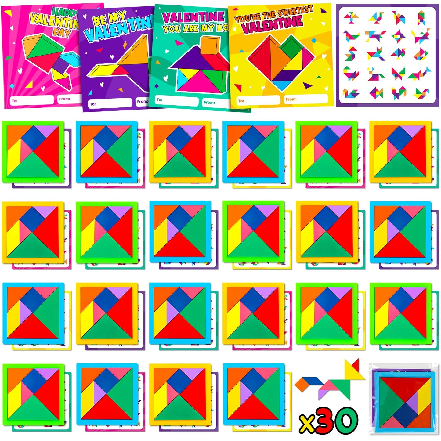 Ximoeo 30pcs Tangram Valentines Cards Set – Classroom Gifts & Party Favors