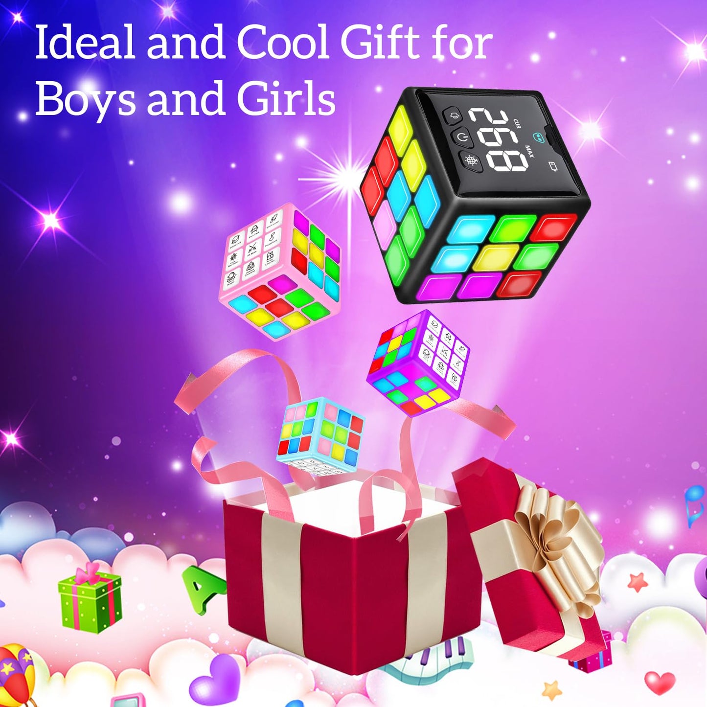 Xinbeiya Rechargeable Handheld Cube with Games – 15 Brain & Memory Experiences, USB Charge, Score Screen for Kids 6+ (Black)