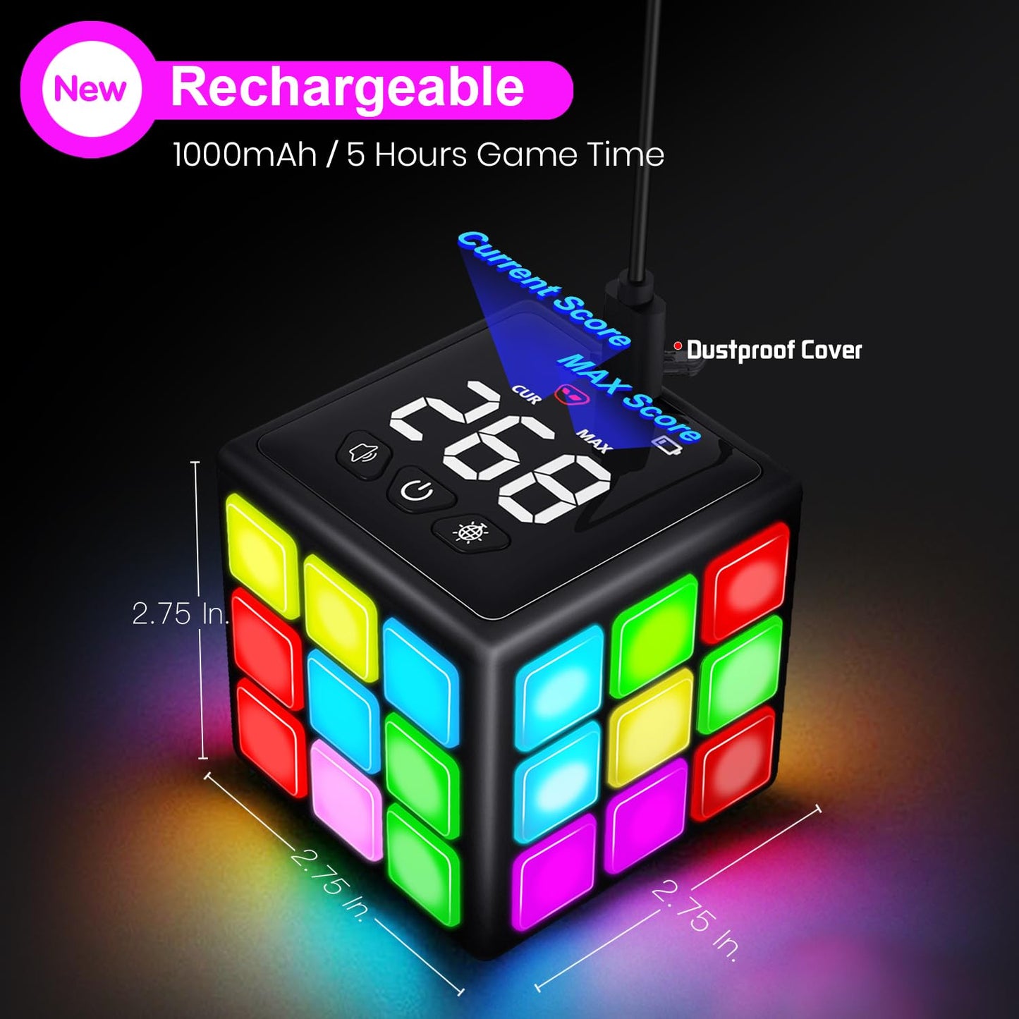 Xinbeiya Rechargeable Handheld Cube with Games – 15 Brain & Memory Experiences, USB Charge, Score Screen for Kids 6+ (Black)