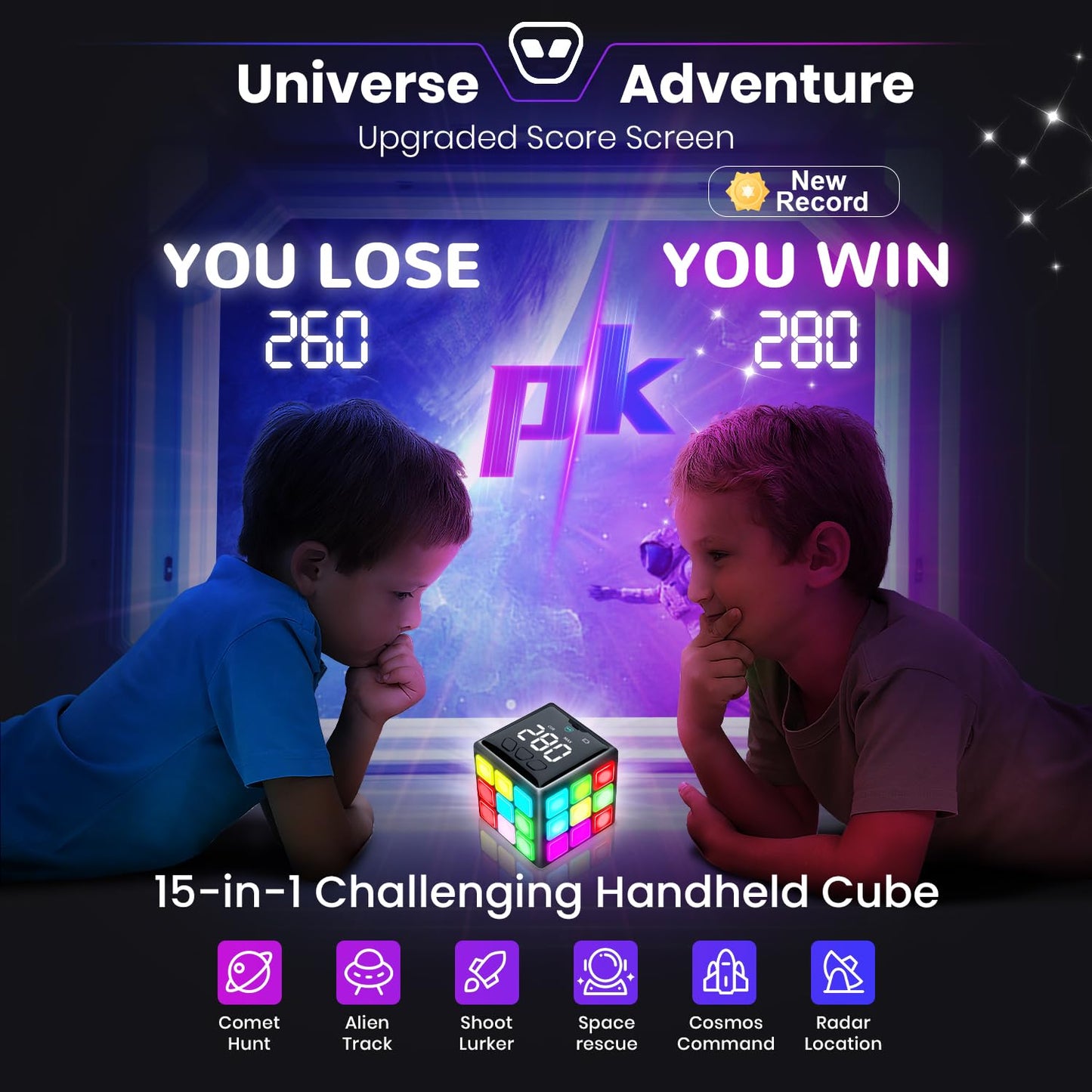 Xinbeiya Rechargeable Handheld Cube with Games – 15 Brain & Memory Experiences, USB Charge, Score Screen for Kids 6+ (Black)