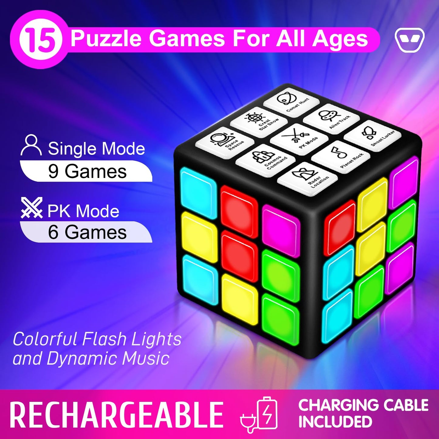 Xinbeiya Rechargeable Handheld Cube with Games – 15 Brain & Memory Experiences, USB Charge, Score Screen for Kids 6+ (Black)