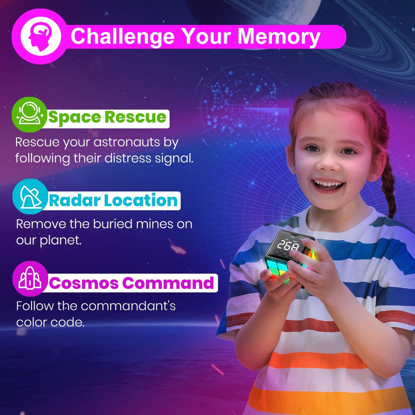 Xinbeiya Rechargeable Handheld Cube with Games – 15 Brain & Memory Experiences, USB Charge, Score Screen for Kids 6+ (Black)