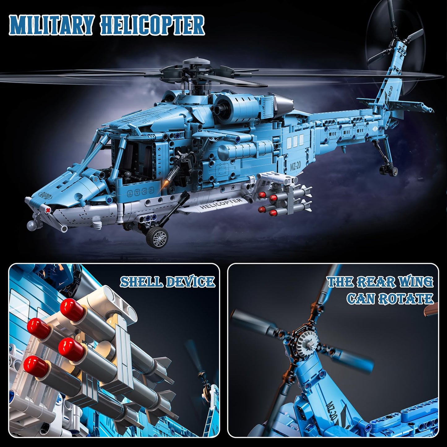 Xingya Youpin Powered Military Helicopter Building Blocks Set – 1521PCS with Motorized Rotors & Gear System