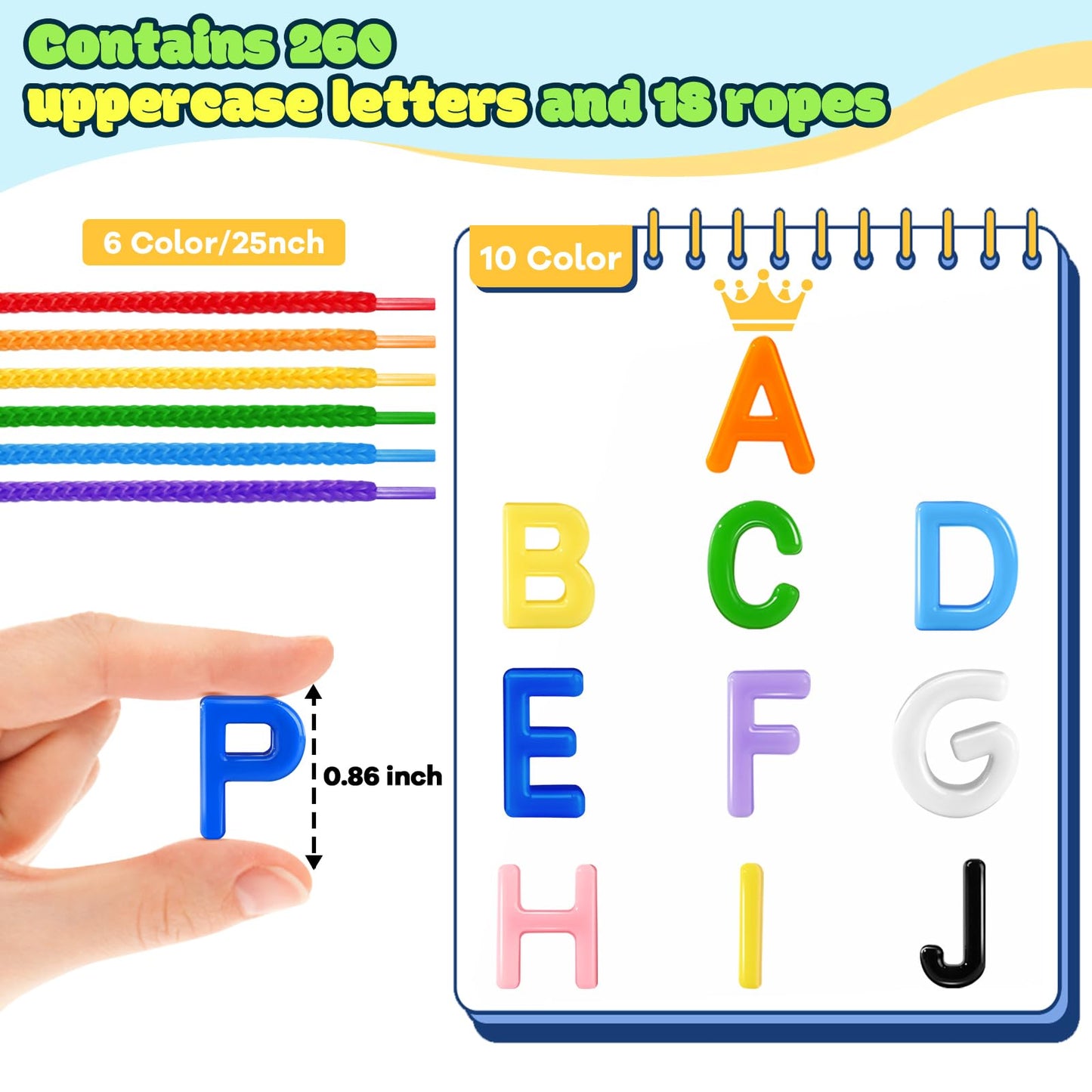 XINHUIDALSQ 278 Pcs Lacing Letters Beads – Alphabet Beads Set with 10-Color Beads & 18 Laces for Preschool & Back-to-School