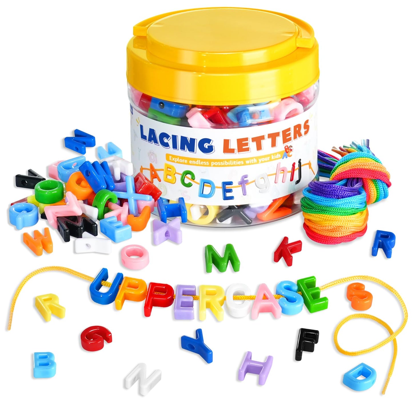 XINHUIDALSQ 278 Pcs Lacing Letters Beads – Alphabet Beads Set with 10-Color Beads & 18 Laces for Preschool & Back-to-School
