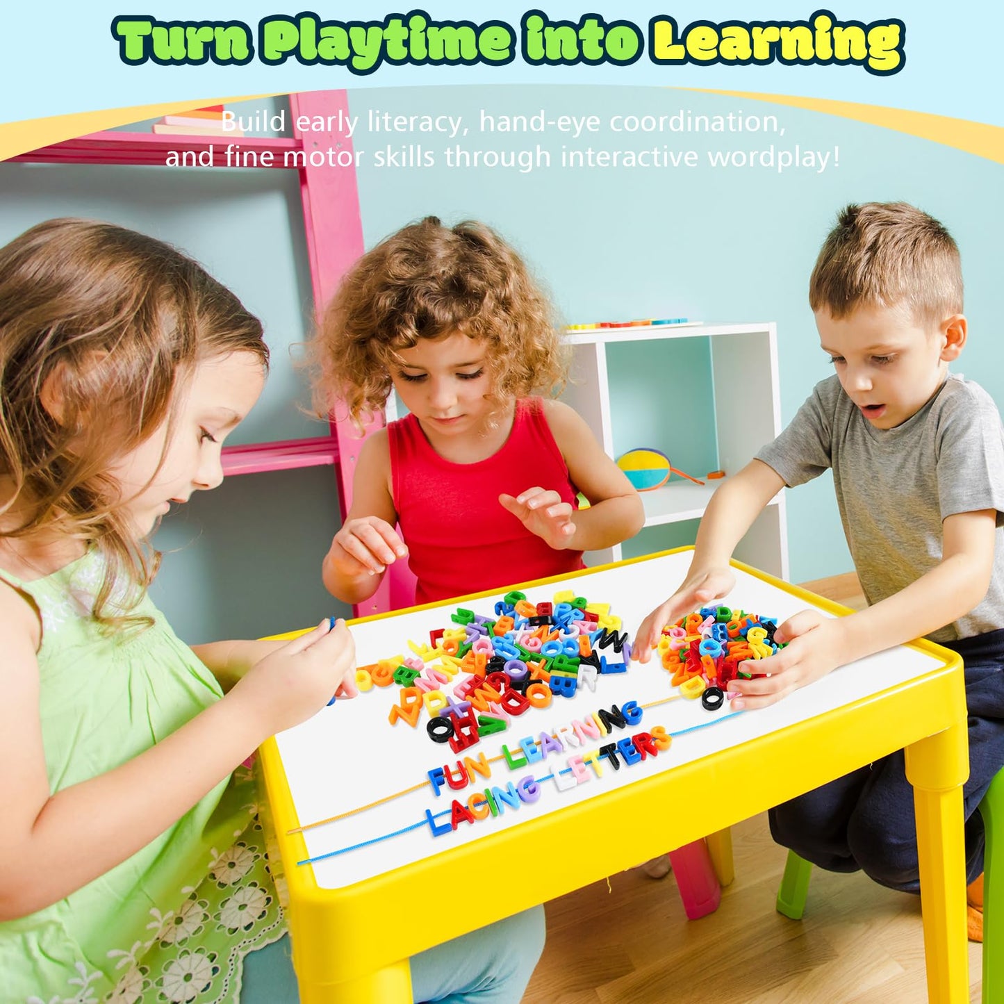 XINHUIDALSQ 278 Pcs Lacing Letters Beads – Alphabet Beads Set with 10-Color Beads & 18 Laces for Preschool & Back-to-School