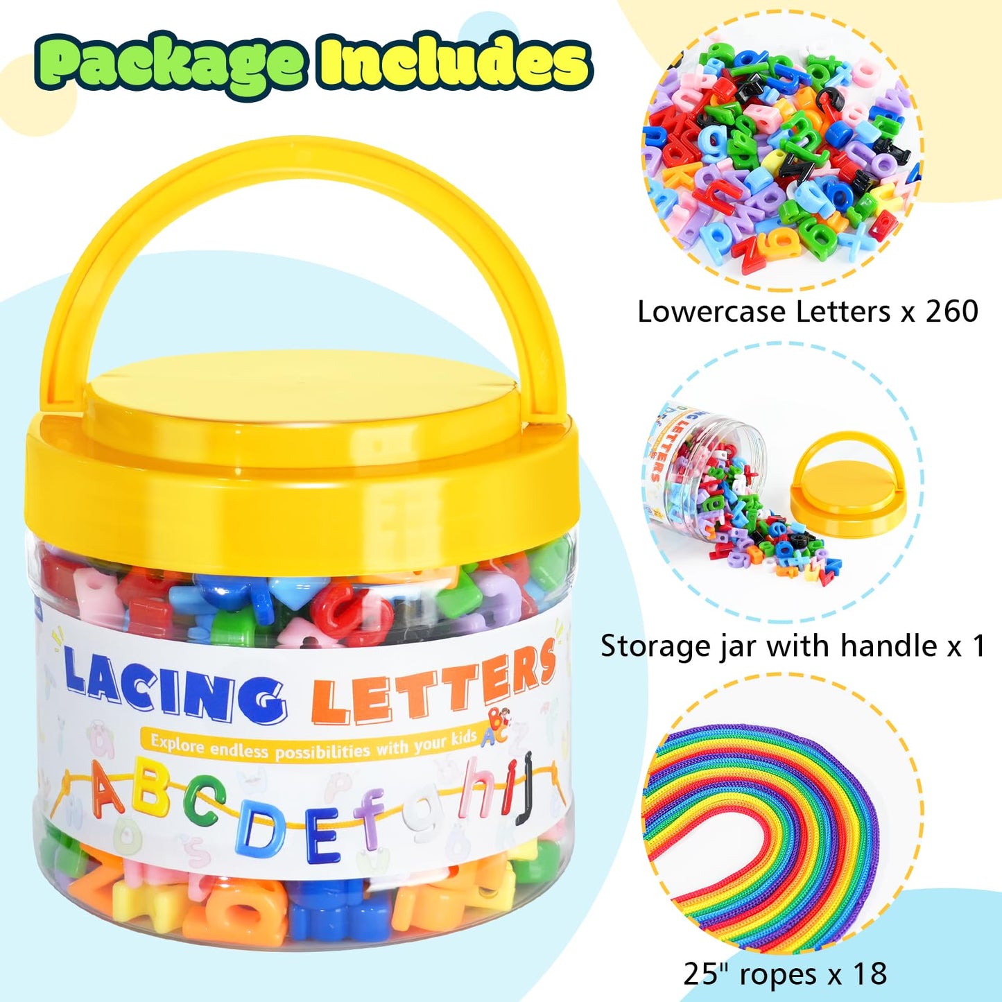 XINHUIDALSQ 278 Pcs Lacing Letters Beads – Alphabet Beads with 18 Laces, 10 Colors