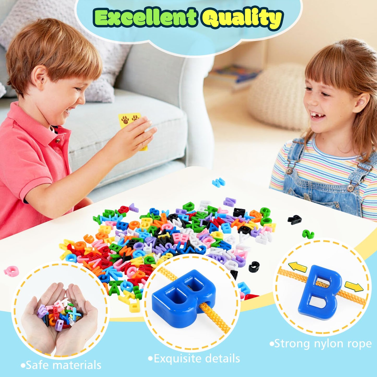 XINHUIDALSQ 278 Pcs Lacing Letters Beads – Alphabet Beads Set with 10-Color Beads & 18 Laces for Preschool & Back-to-School