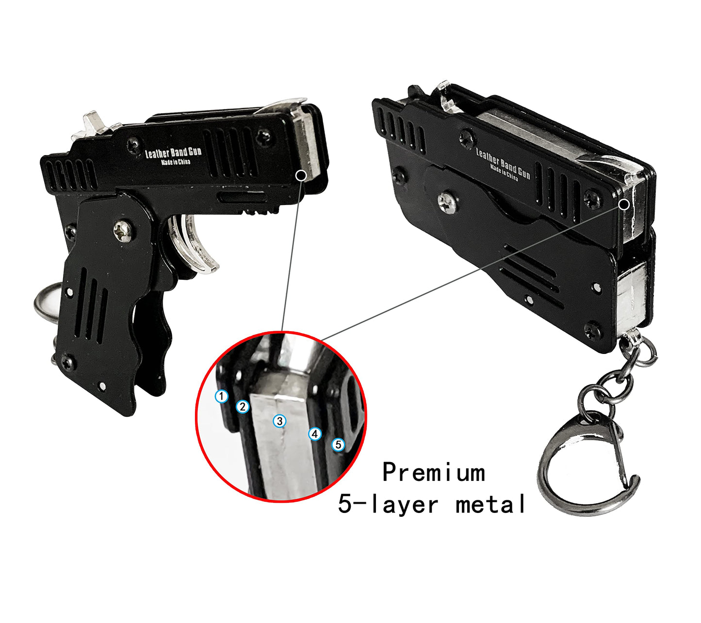 Xinlong Mini Metal Folding Rubber Band Gun Toy – 2 Pack with Keychain & 100+ Rubber Bands